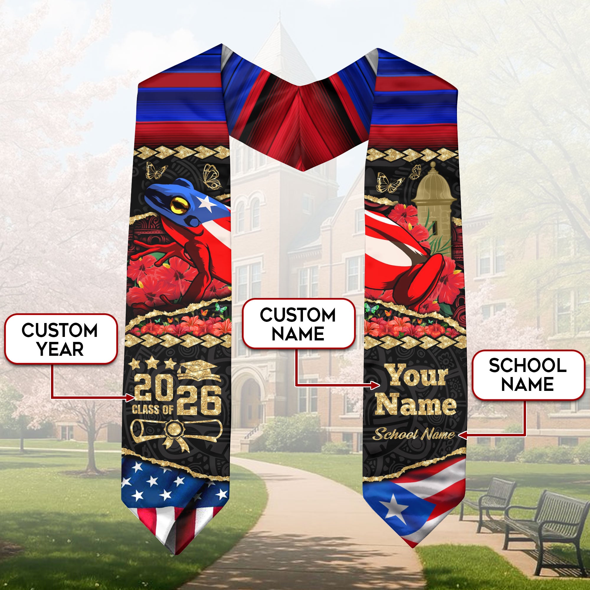 Customized Puerto Rico Graduation Stole with Flag Heritage Design, Graduation Sash for Class of 2026