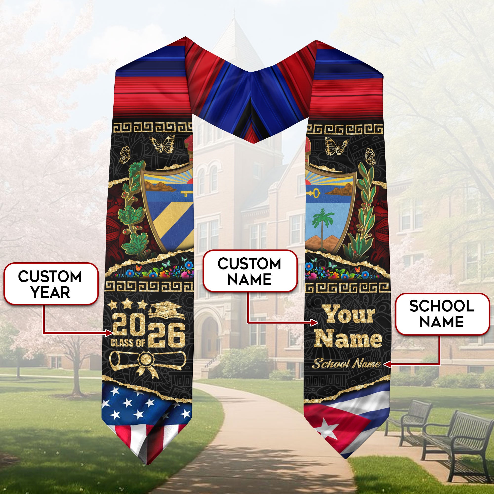 Customized Cuba Graduation Stole Featuring Cuban Flag Style, Graduation Sash Class of 2026