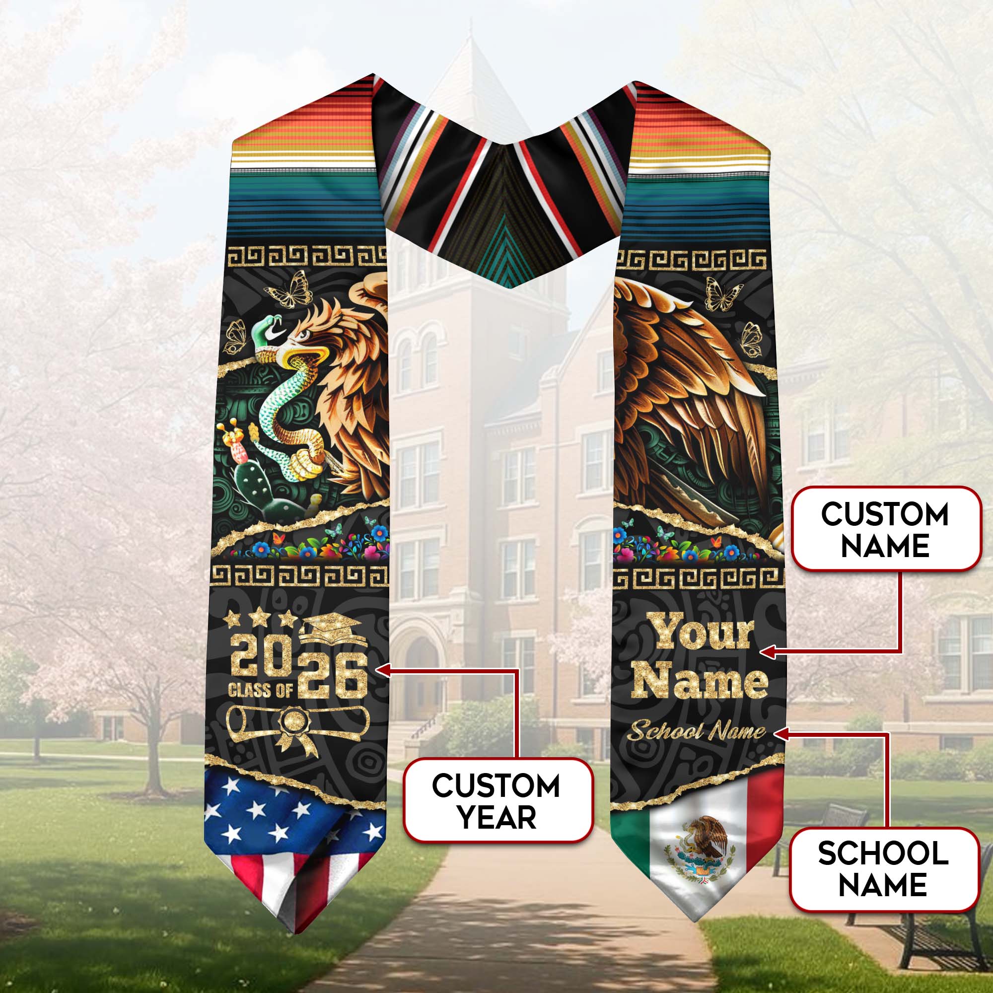 Mexican American Flag Graduation Stole 2026, Mexico Stole Sash, Mexican Grad Accessory