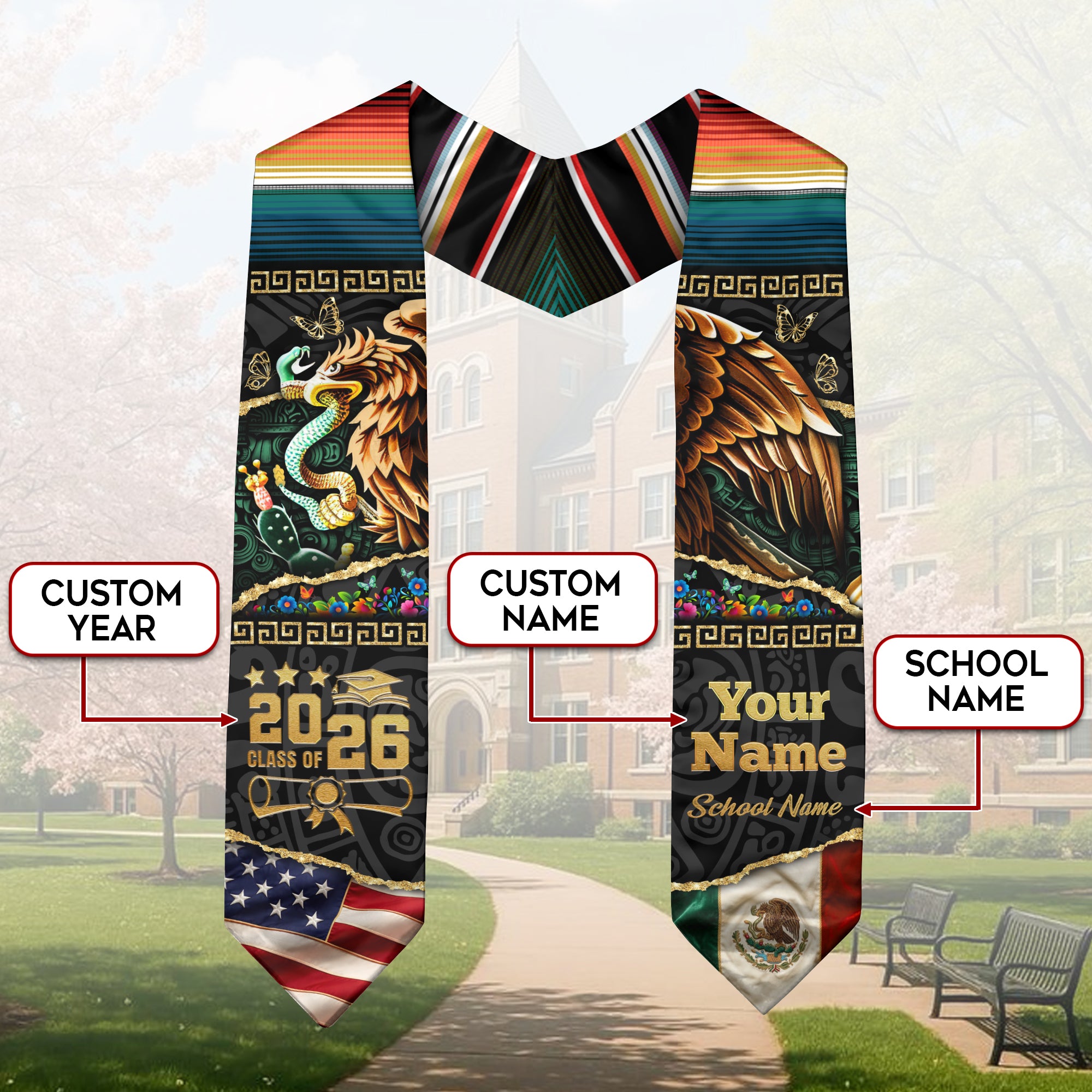 Mexican American Flag Graduation Stole 2026, Mexico Stole Sash, Mexican Grad Accessory