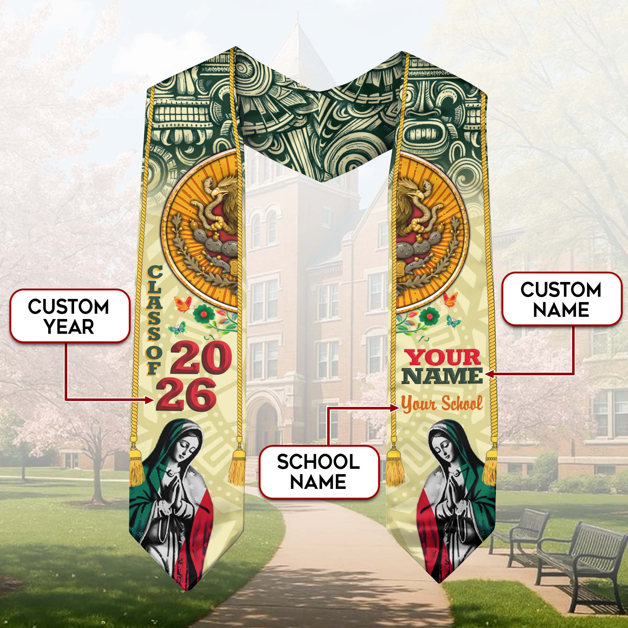 Mexican Flag Graduation Stole 2026, Mexico Sash Stole, Tailored Finish for 2026 Grads
