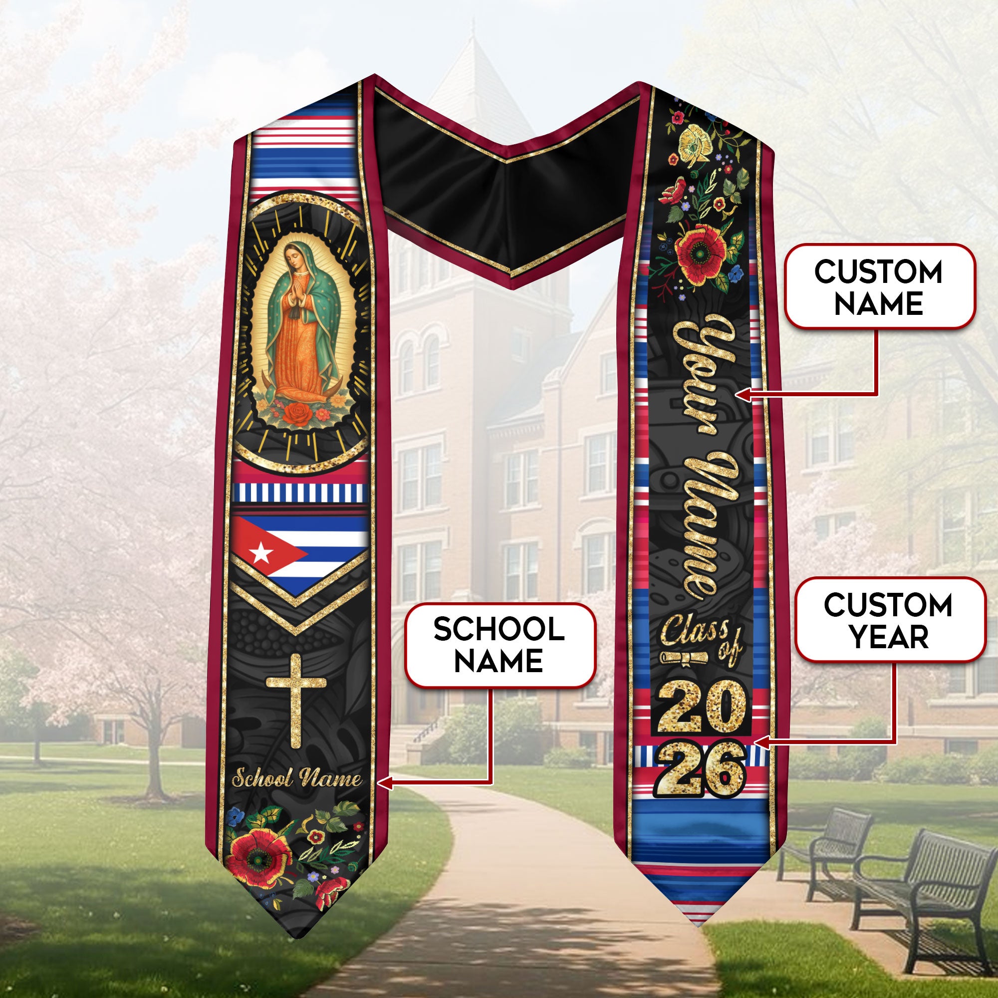 Customized Cuba Graduation Stole Featuring Cuban Flag Heritage Style, Graduation Sash for Class of 2026
