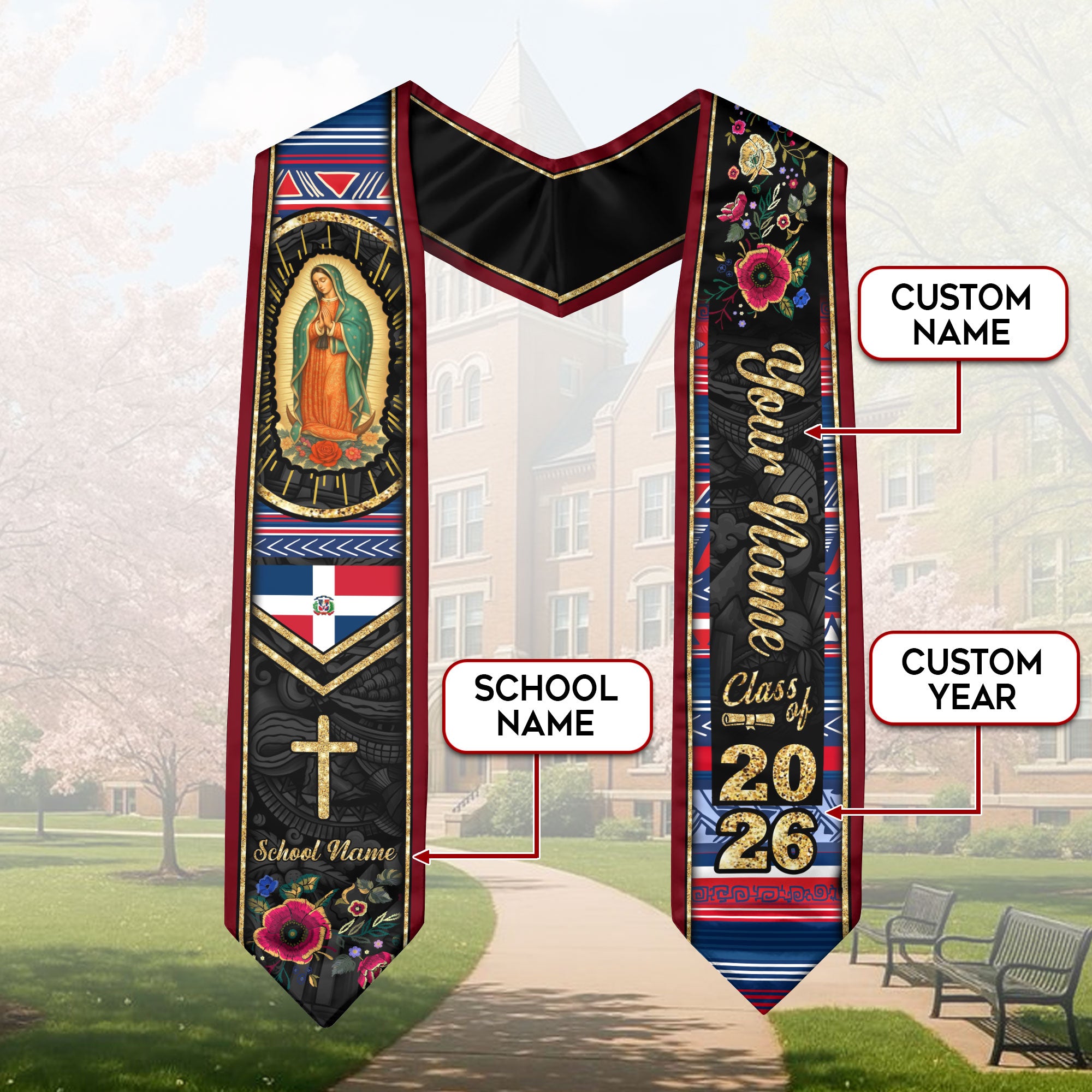 Customized Dominican Graduation Stole with National Flag Theme, Graduation Sash Celebrating Class of 2026
