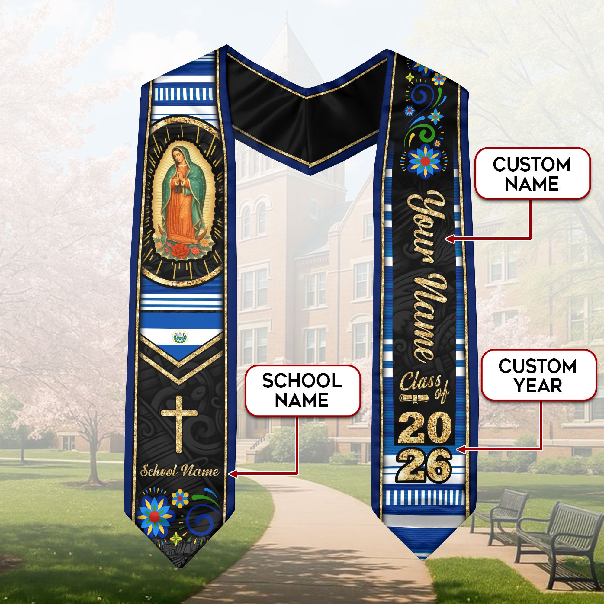 Customized El Salvador Graduation Stole Highlighting Salvadoran Flag Design, Graduation Sash for 2026