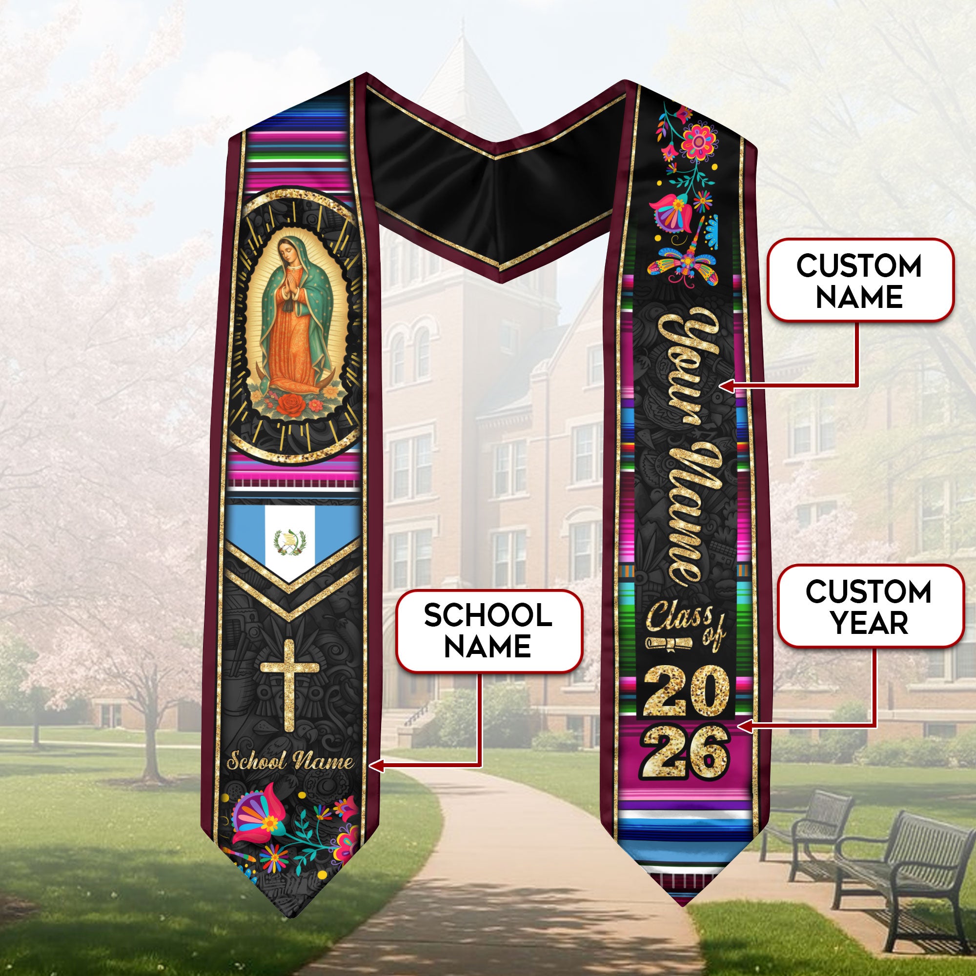 Customized Guatemala Graduation Stole with Guatemalan Flag Heritage Pattern, Graduation Sash Class of 2026