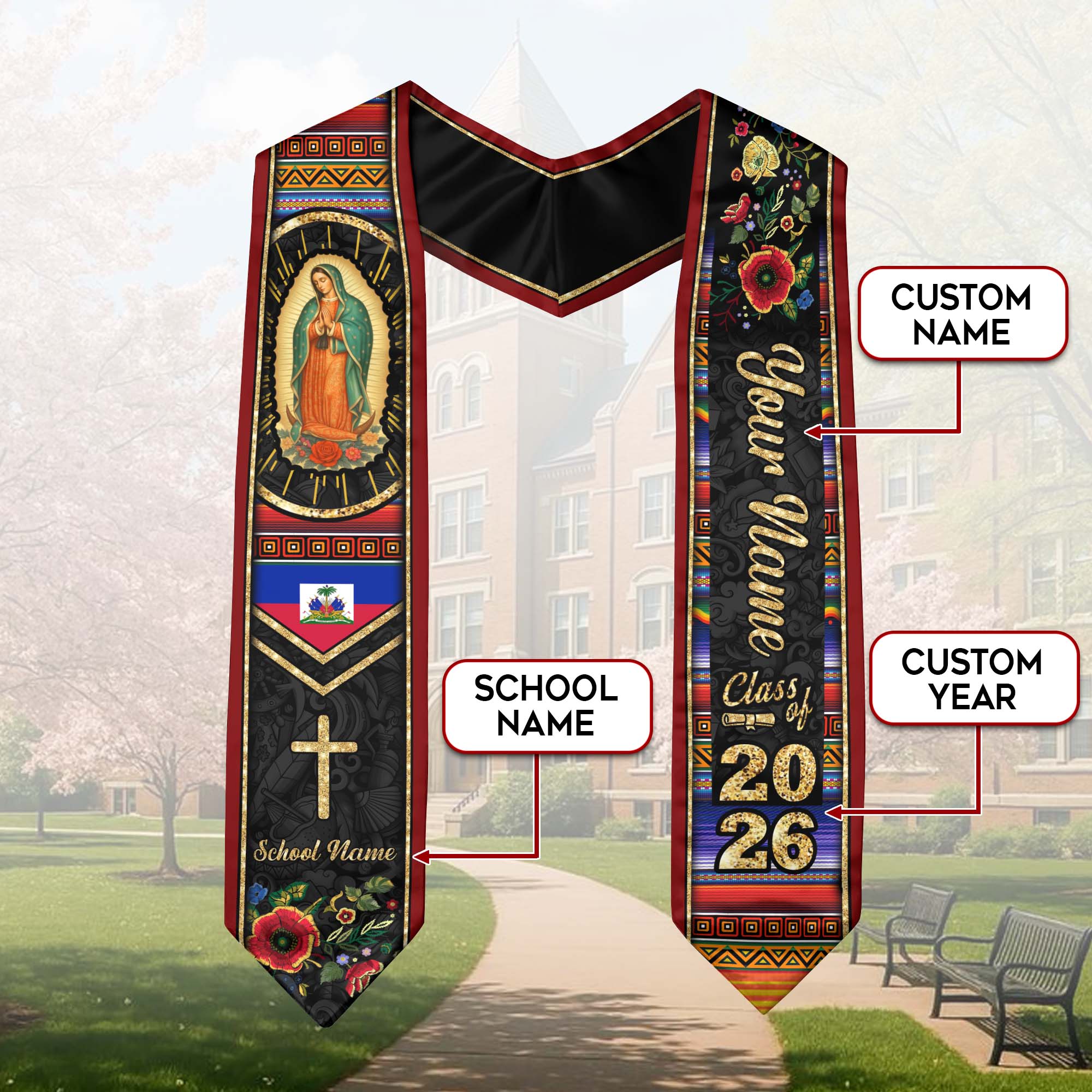Customized Haiti Graduation Stole Featuring Haitian Flag Motif, Graduation Sash for the Class of 2026