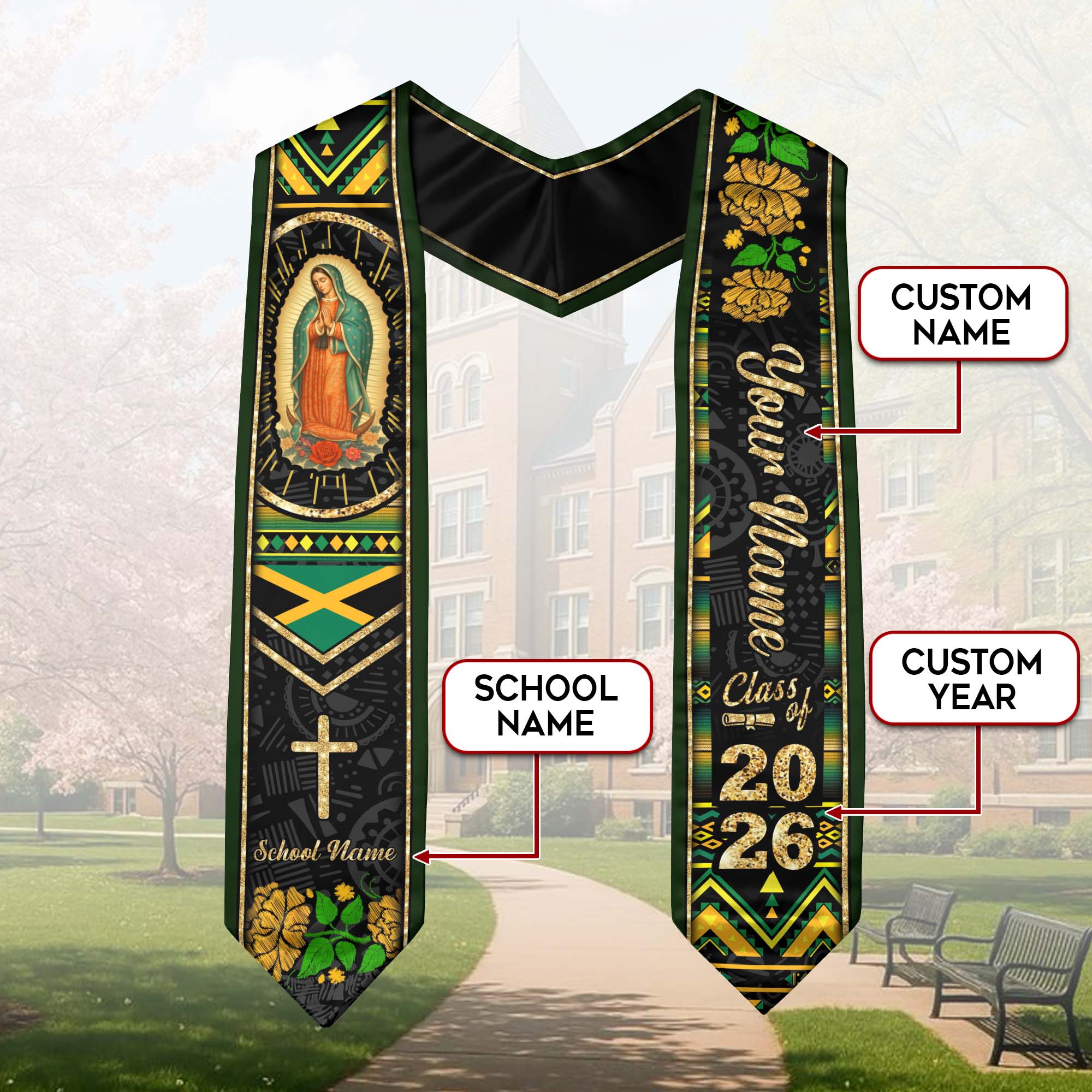 Customized Jamaica Graduation Stole Showcasing Jamaican Flag Colors, Graduation Sash for Class of 2026