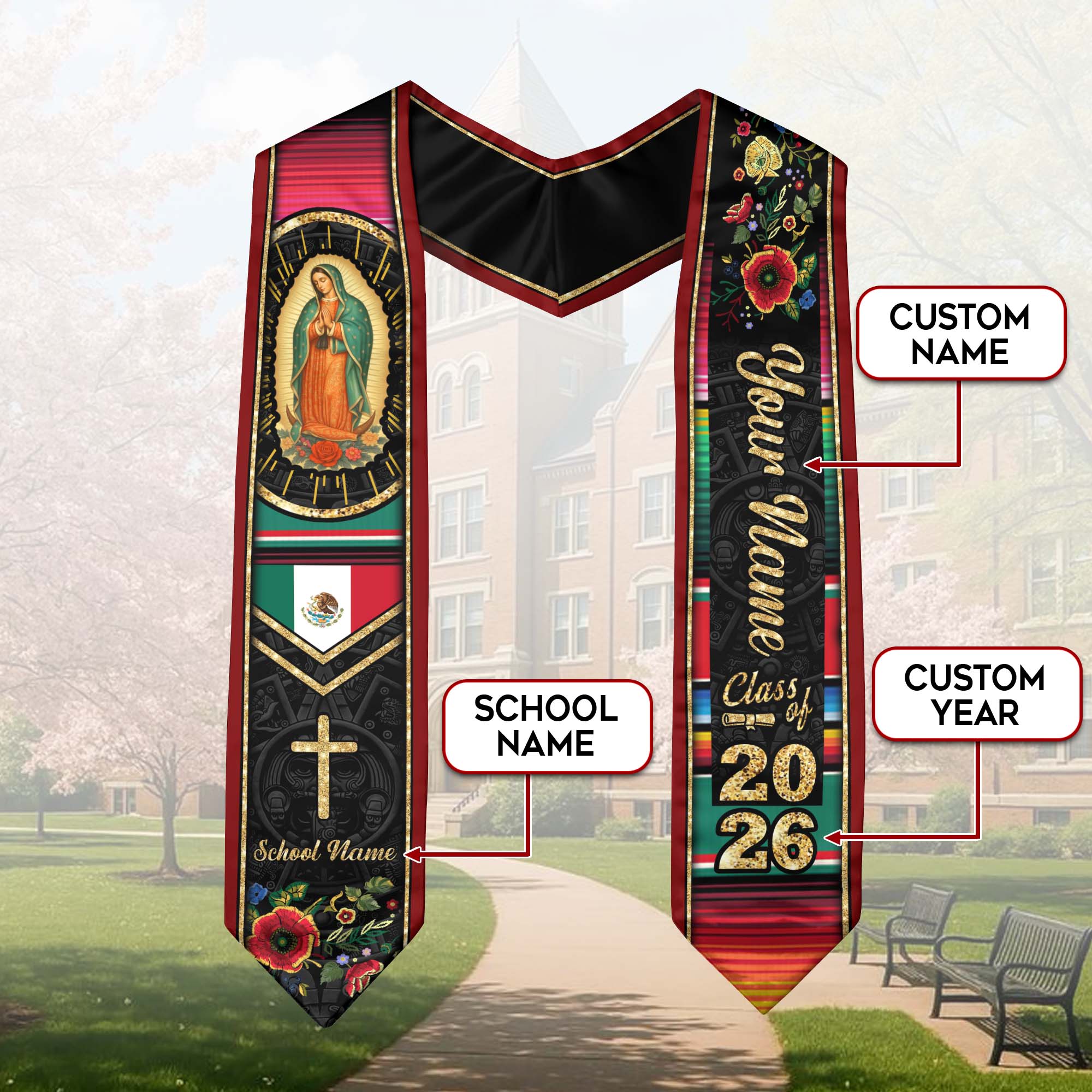 Mexico Flag Graduation Sash 2026, Mexico Graduation Stole, Signature Detail for Graduates