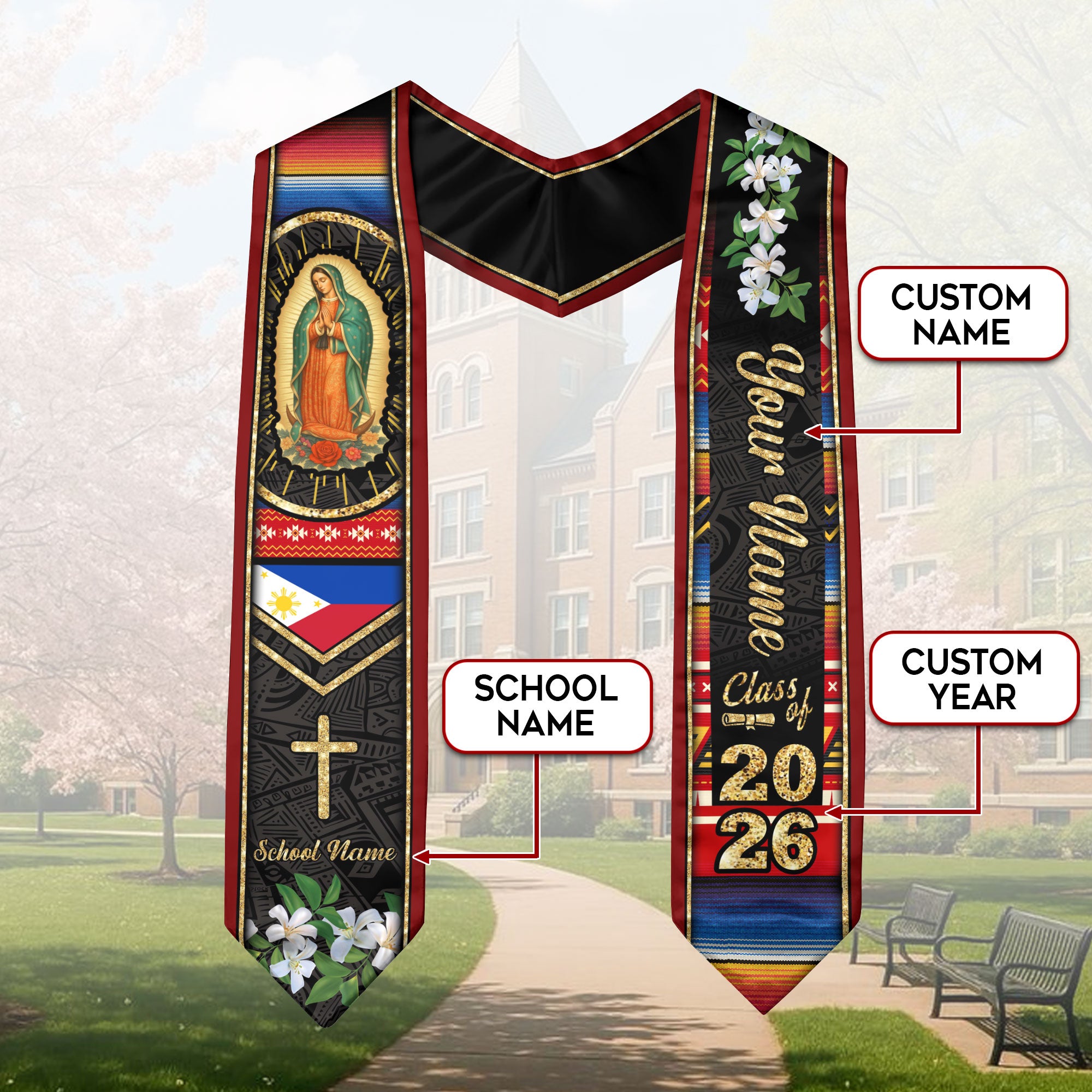 Customized Philippines Graduation Stole with Filipino Flag Inspired Pattern, Graduation Sash Class of 2026