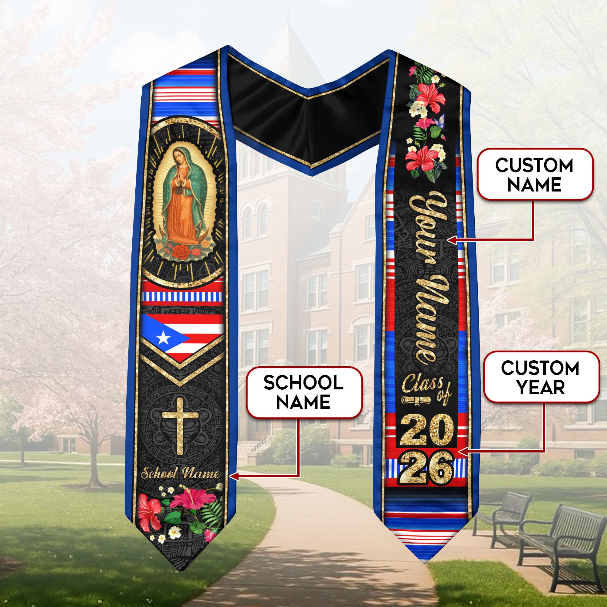 Customized Puerto Rico Graduation Stole Highlighting Puerto Rican Flag Theme, Graduation Sash Class of 2026