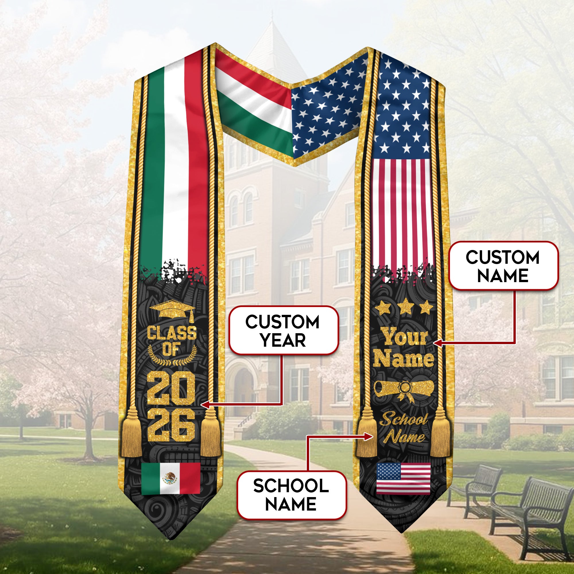 Mexico Graduation Stole 2026, Mexican Flag Sash, Tailored Detail for Class of 2026 Grads