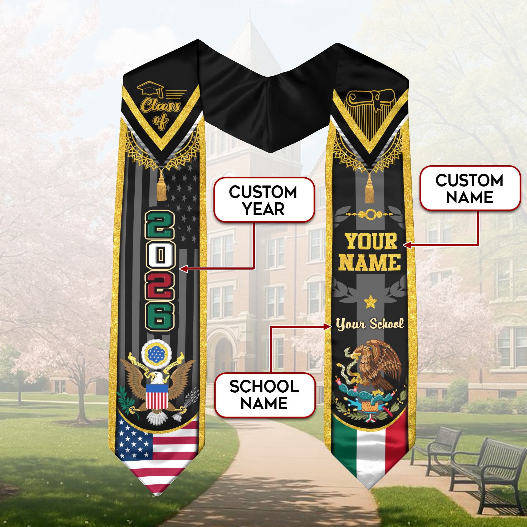 Mexican Flag Graduation Sash 2026, Mexico Stole, Signature Custom Finish for Graduates