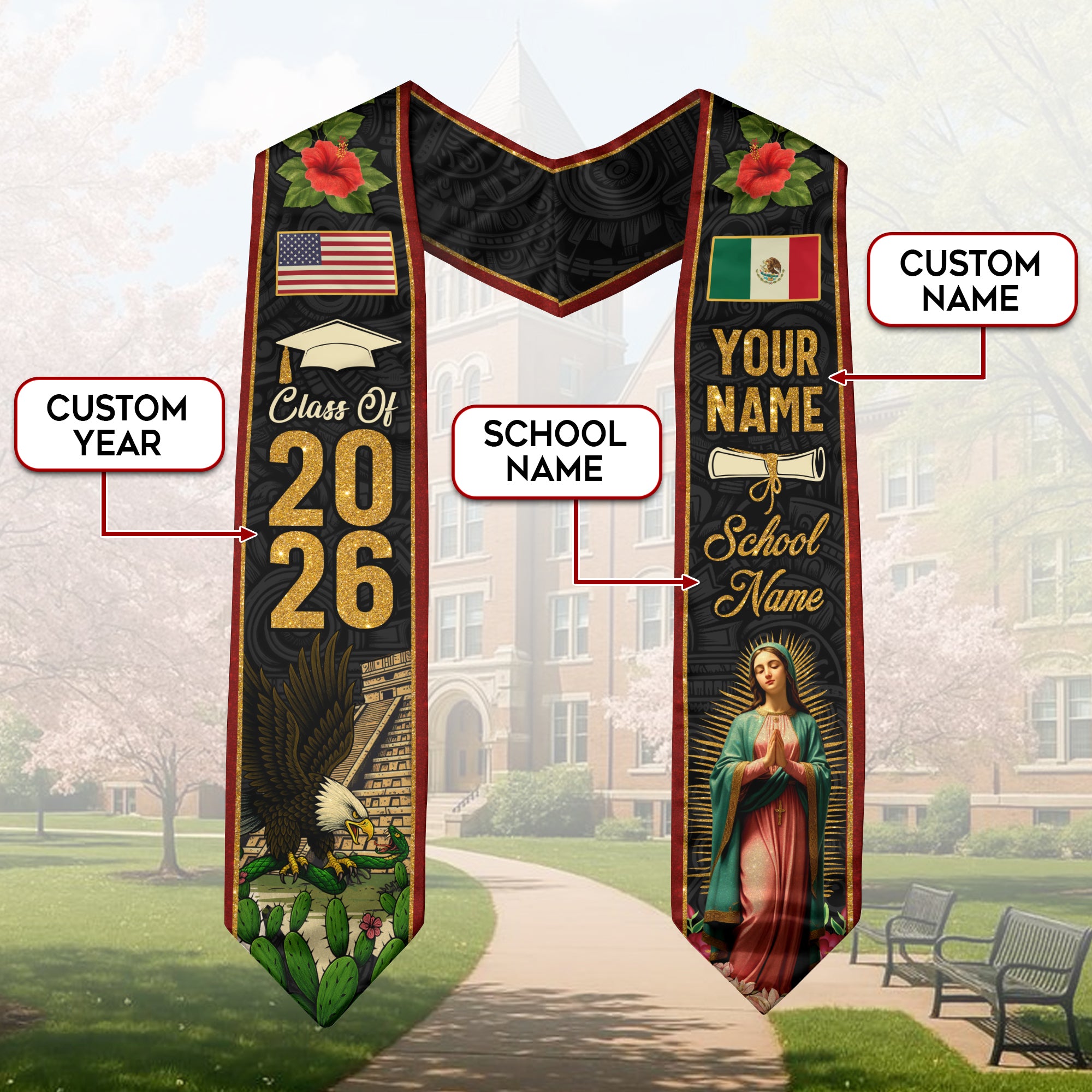 Mexican Graduation Stole 2026, Mexico Flag Sash, Personalized Accent Option for Ceremony
