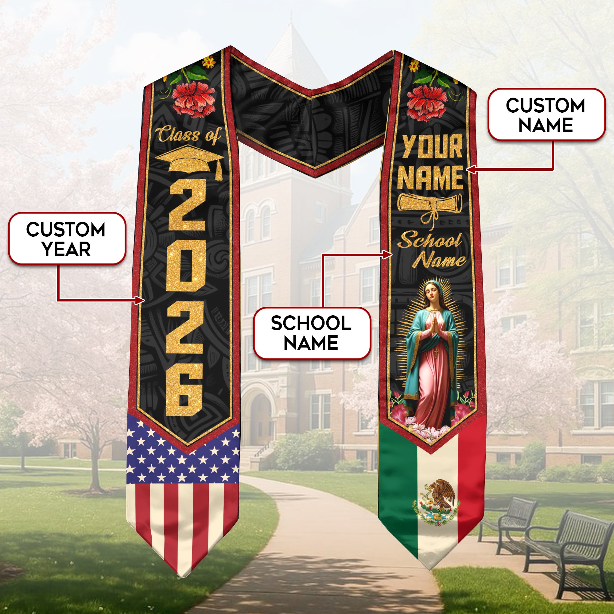 2026 Mexican Flag Sash for Graduation, Mexico Stole for Grads, Personal Detail Option