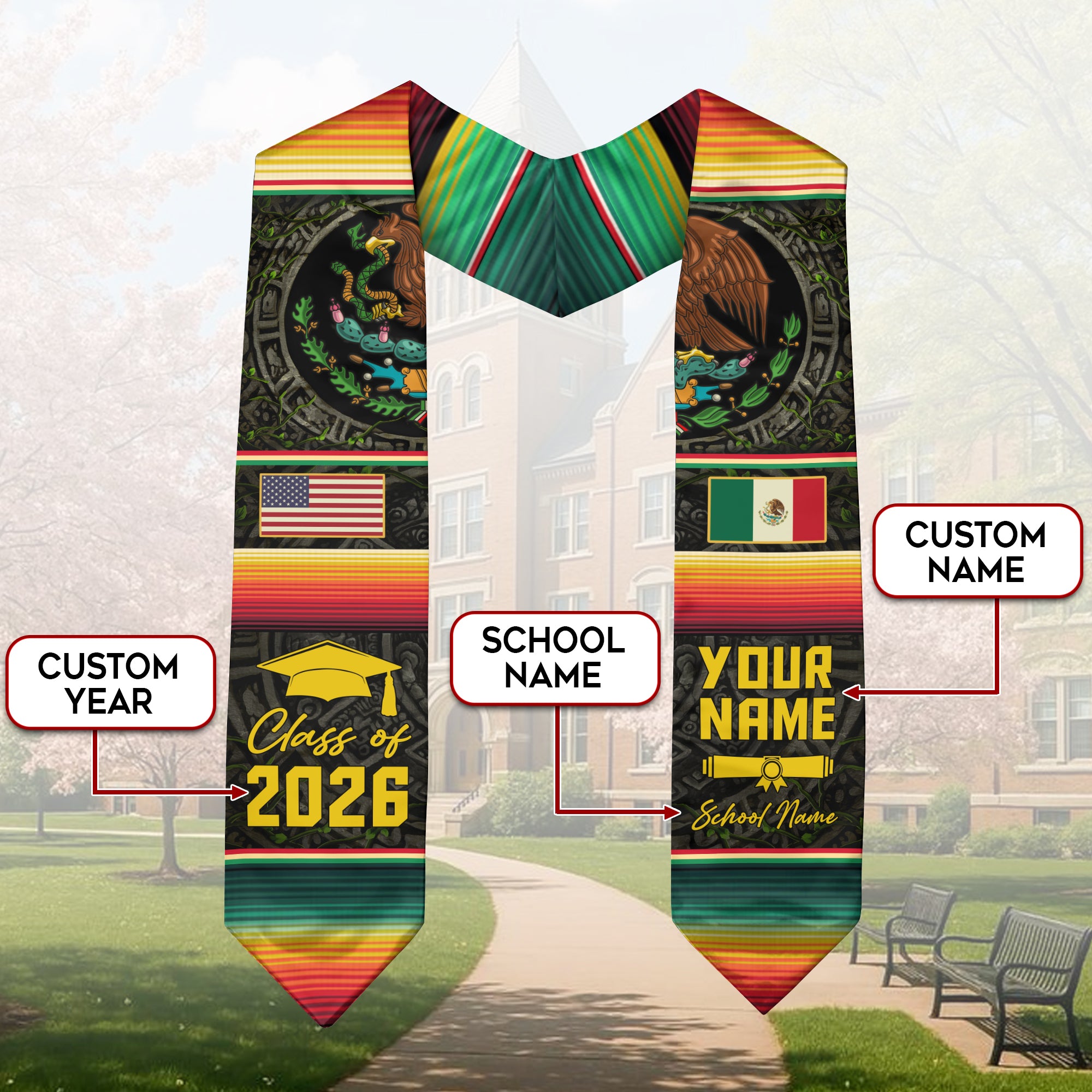 Mexico Graduation Stole 2026, Mexican Flag Graduation Sash, Add Details Option for Grads