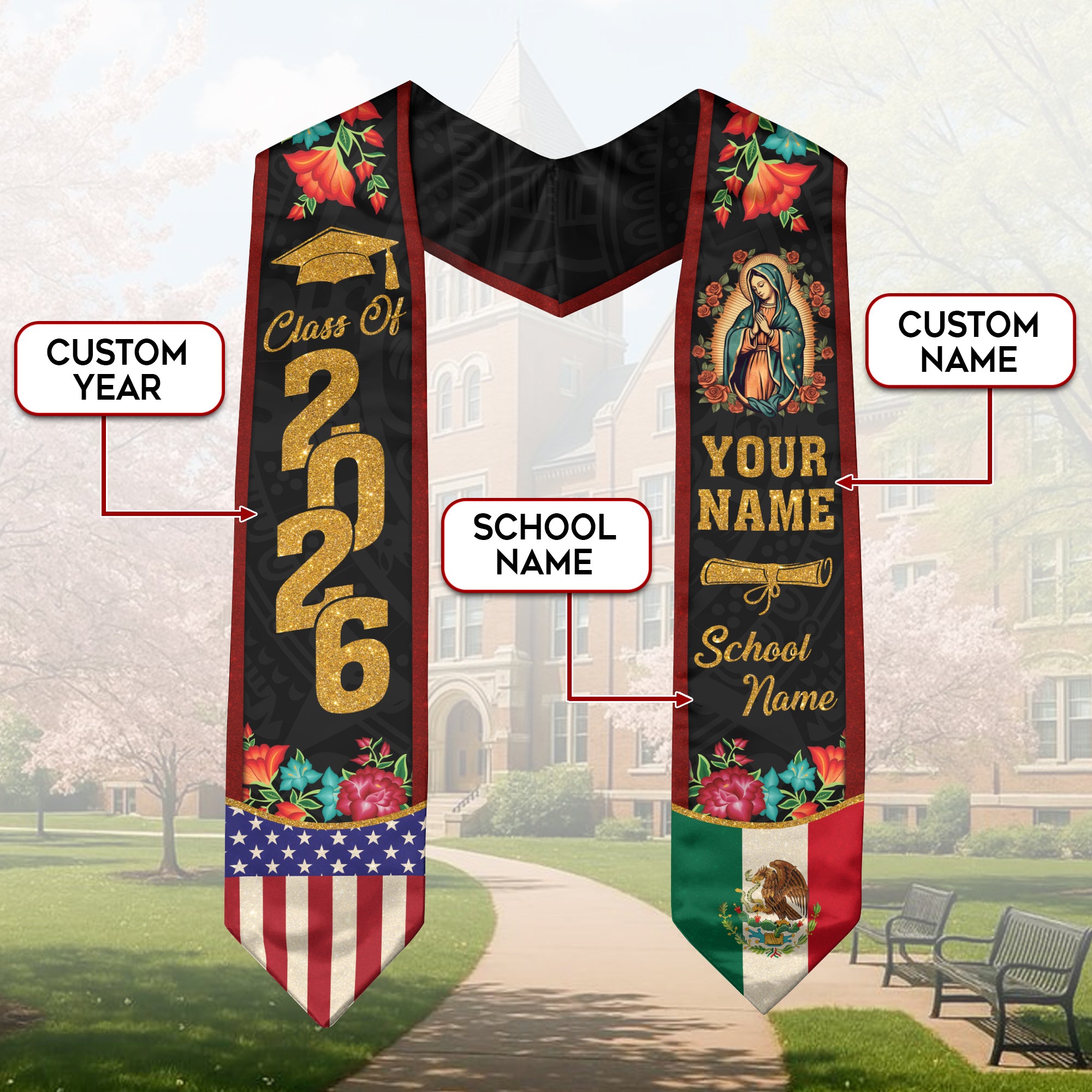 2026 Mexico Graduation Sash, Mexican Flag Stole for Graduates, Personal Detail Option