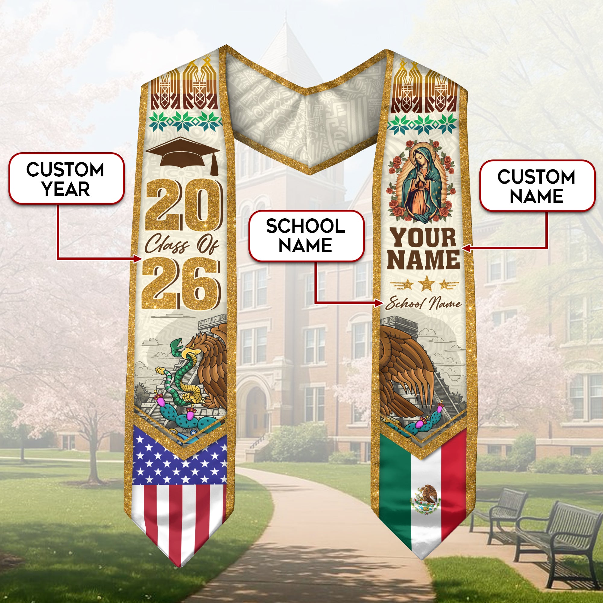 Mexican Flag Graduation Stole 2026, Mexico Sash for Grads, Personalized Detail Option