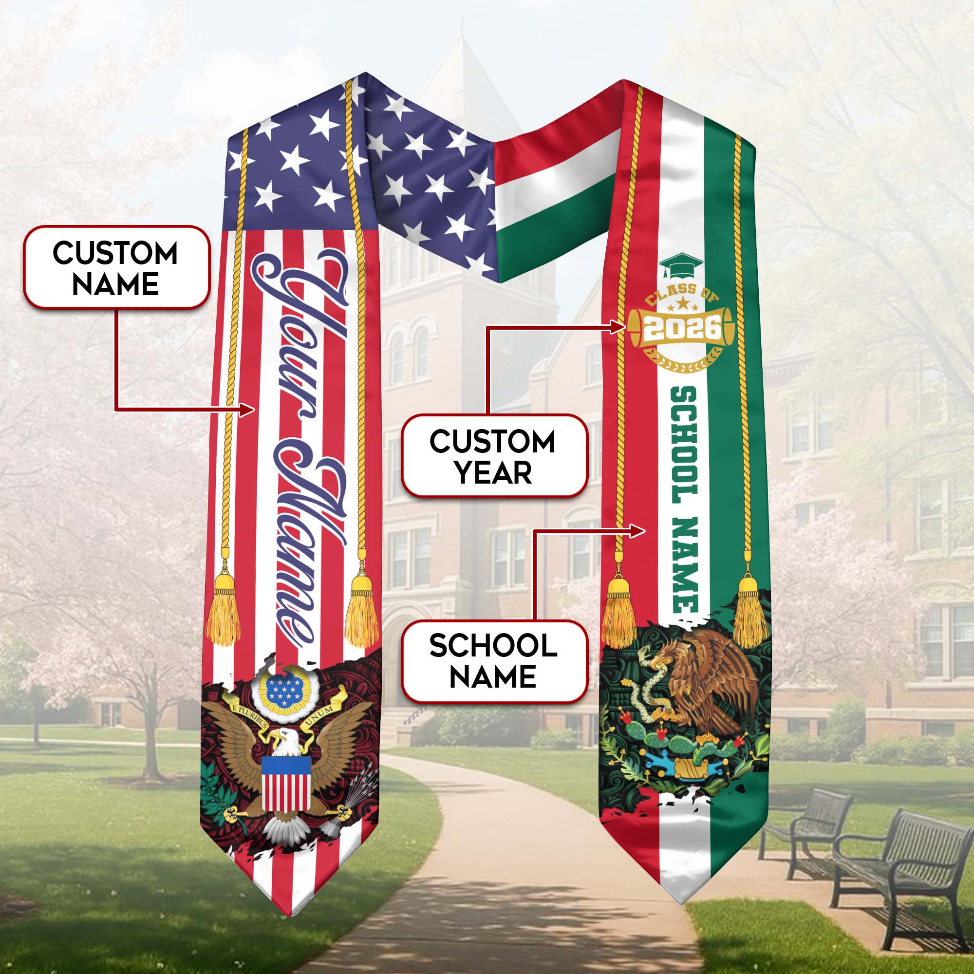 Mexican Graduation Sash 2026, Mexico Graduation Stole, Mexican American Flag Grad Stole