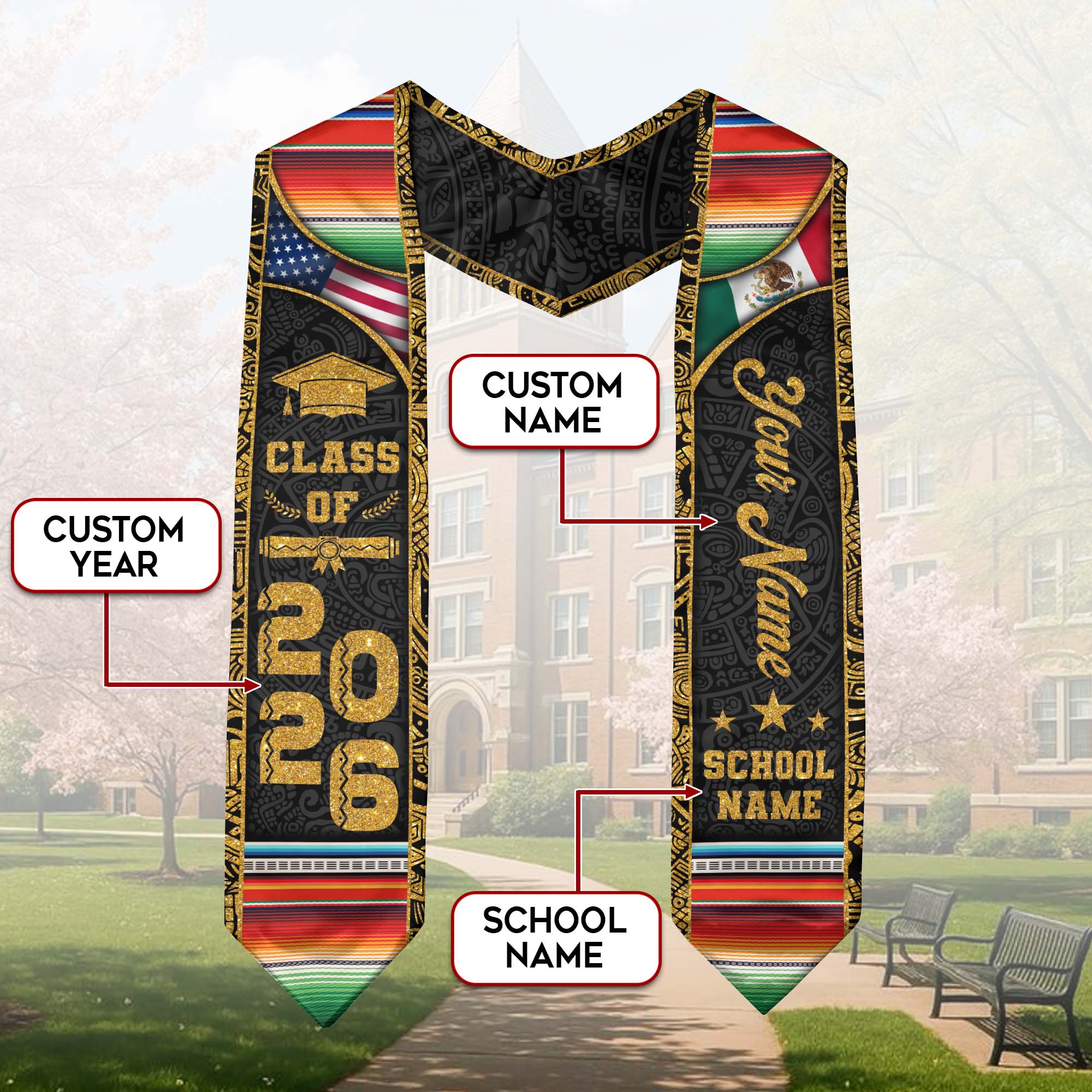 Mexico Graduation Stole 2026, Mexican American Flag Graduation Sash, Mexican Grad Stole