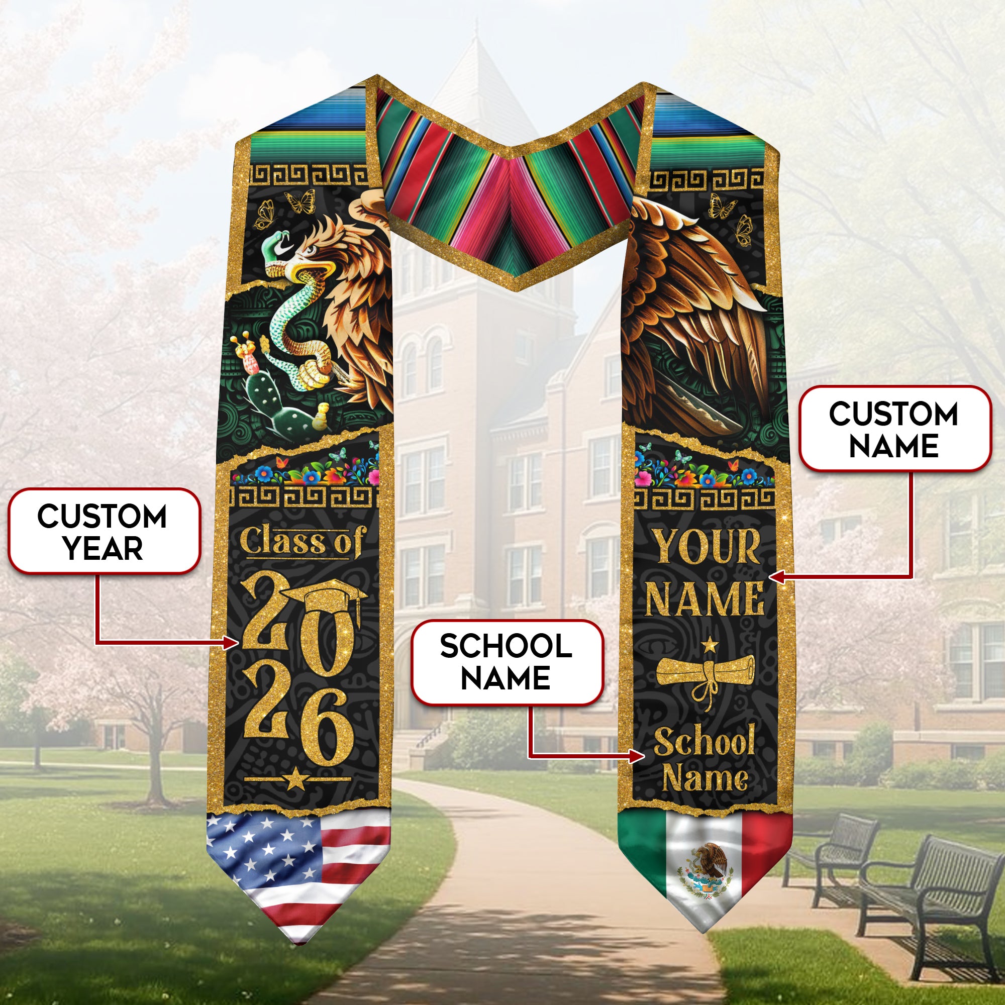 Mexican American Flag Graduation Stole 2026, Mexico Stole, Mexican Graduation Sash