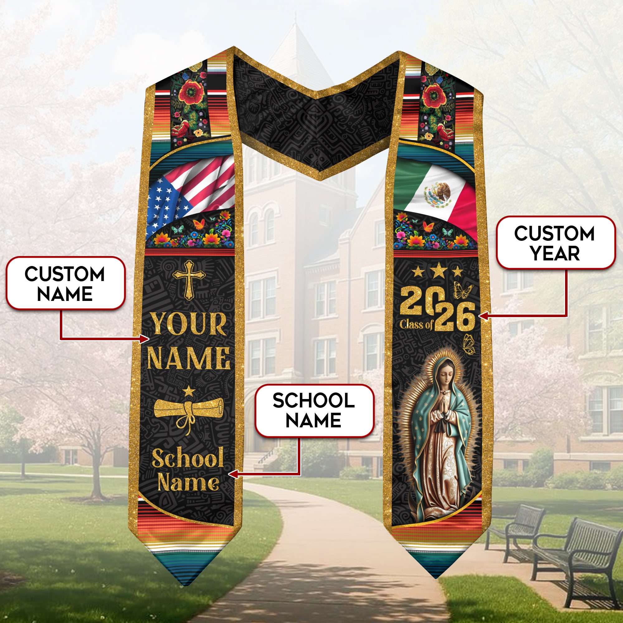 2026 Mexican Graduation Stole, Mexico Flag Stole, Mexican Stole for Graduation