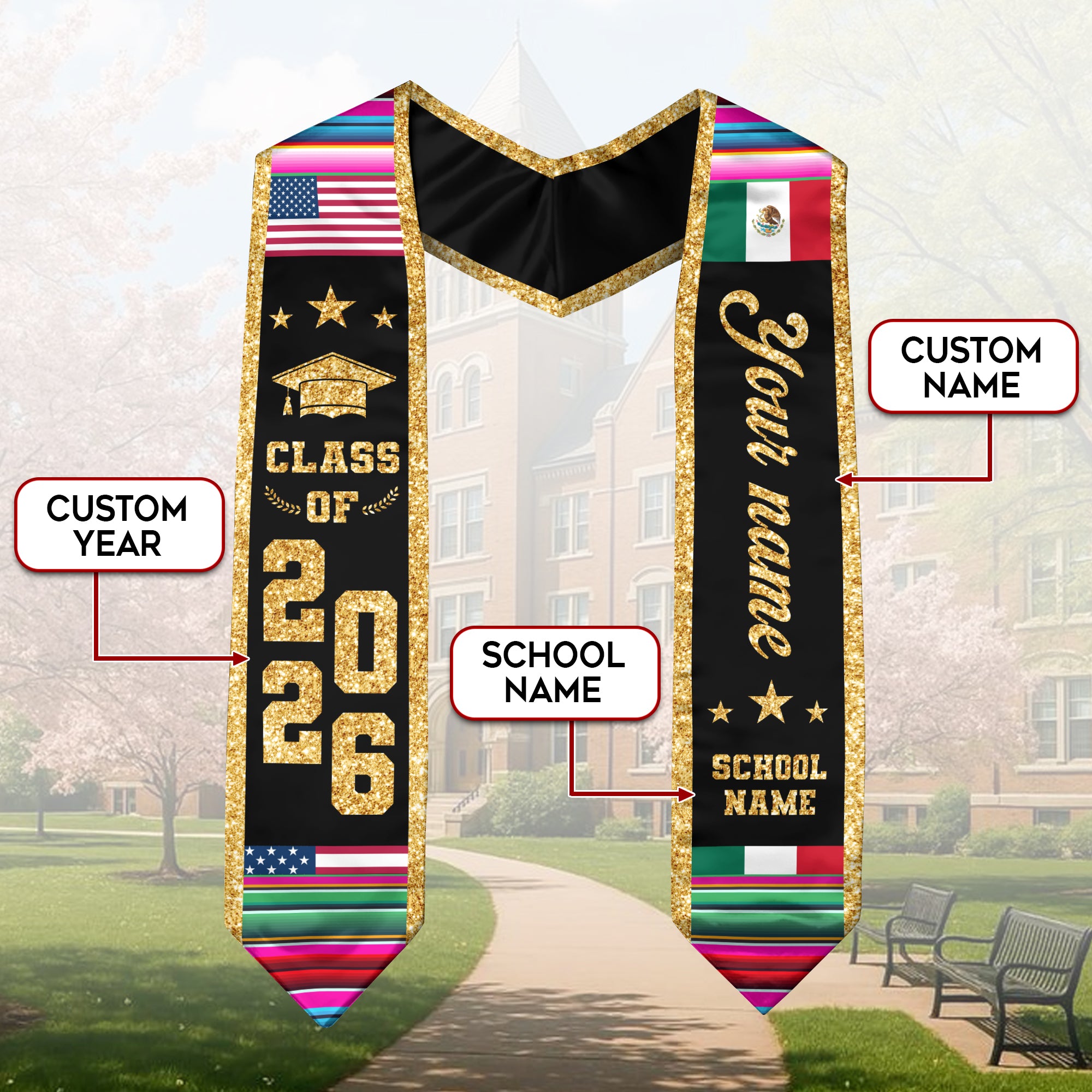 2026 Mexico Stole for Graduation, Mexican Flag Sash, Optional Personal Detail for Grads