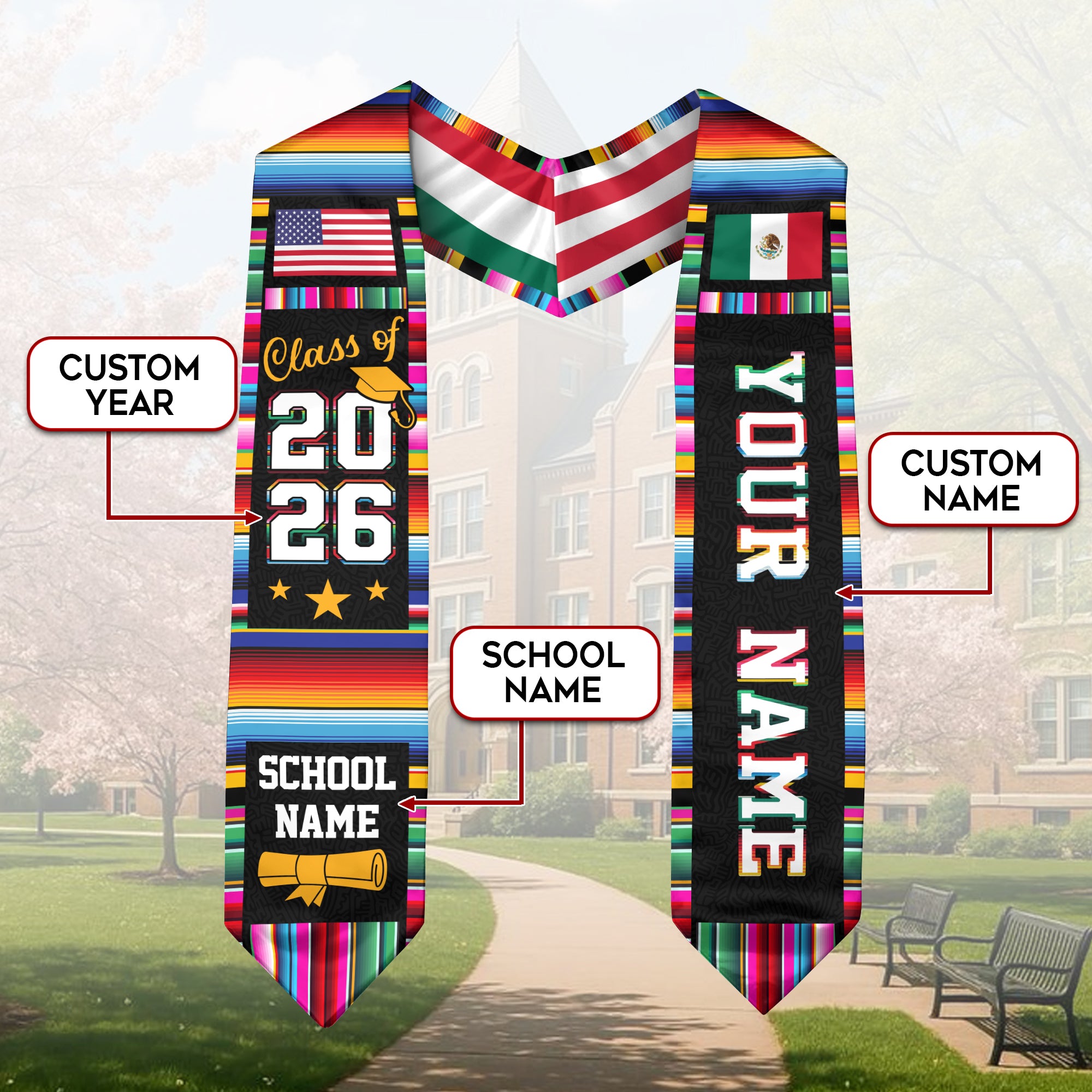Mexico Flag Graduation Sash 2026, Mexican Stole for Graduates, Personal Detail Available