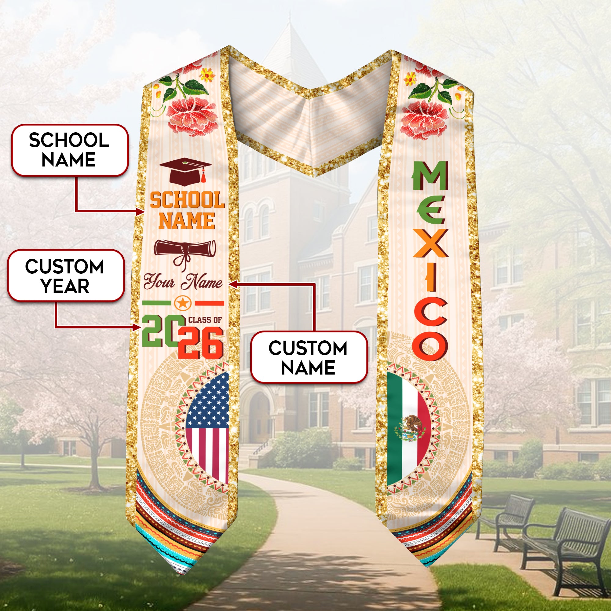 2026 Mexican Flag Graduation Stole, Mexico Graduation Sash, Add Your Details Option
