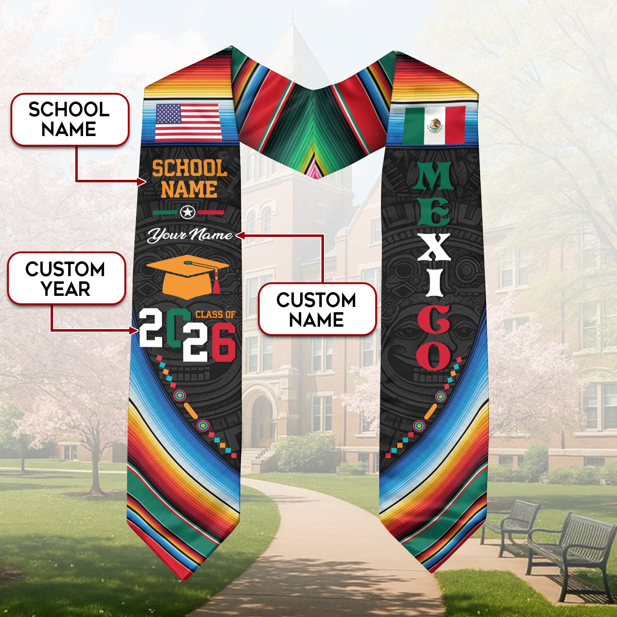Mexico Graduation Sash 2026, Mexico Flag Stole for Grads, Optional Personal Detail Touch