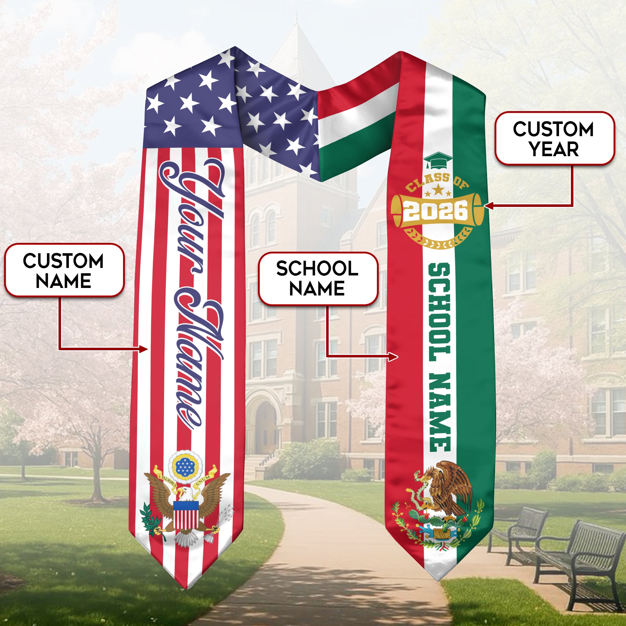 2026 Mexico Graduation Stole, Mexican Flag Sash, Personal Detail Option for Graduation Day