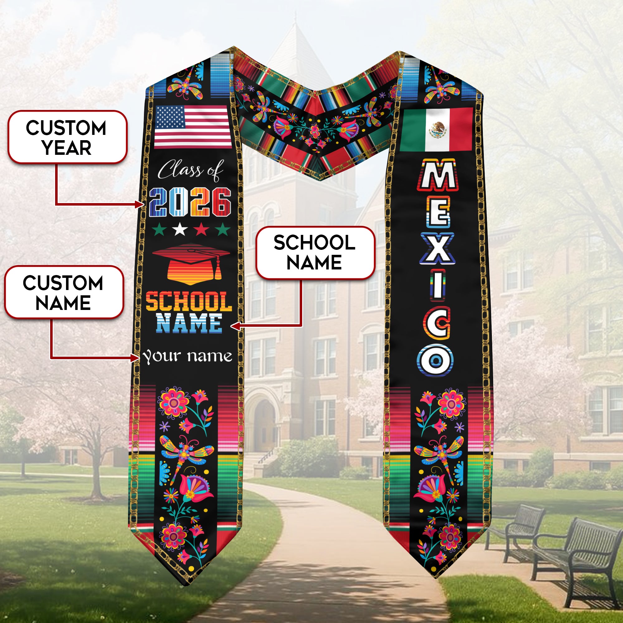 Mexican Flag Stole 2026, Mexico Graduation Sash for Graduates, Personalized Detail Option