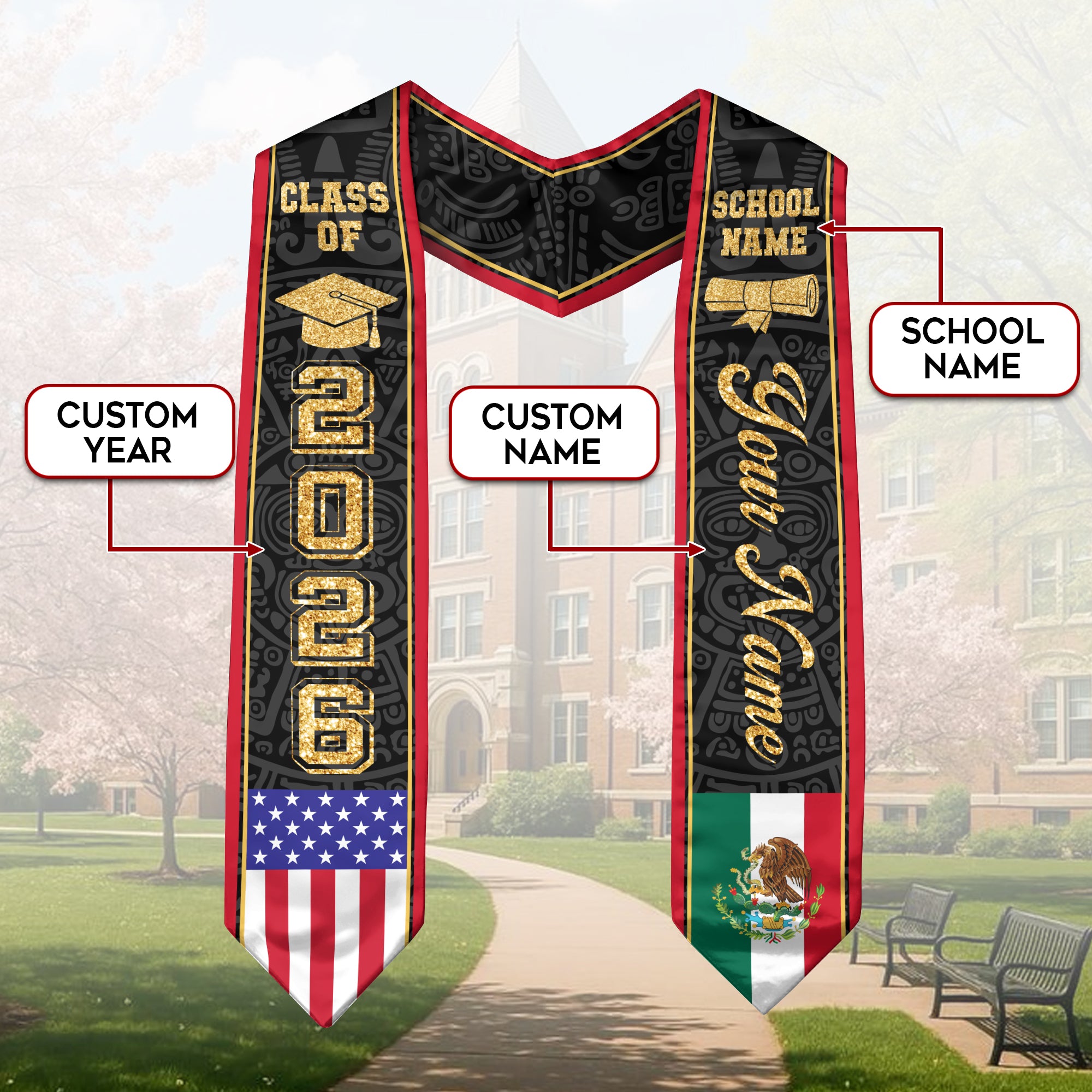 2026 Mexican Graduation Sash, Mexico Flag Stole, Personal Detail Option for Class of 2026