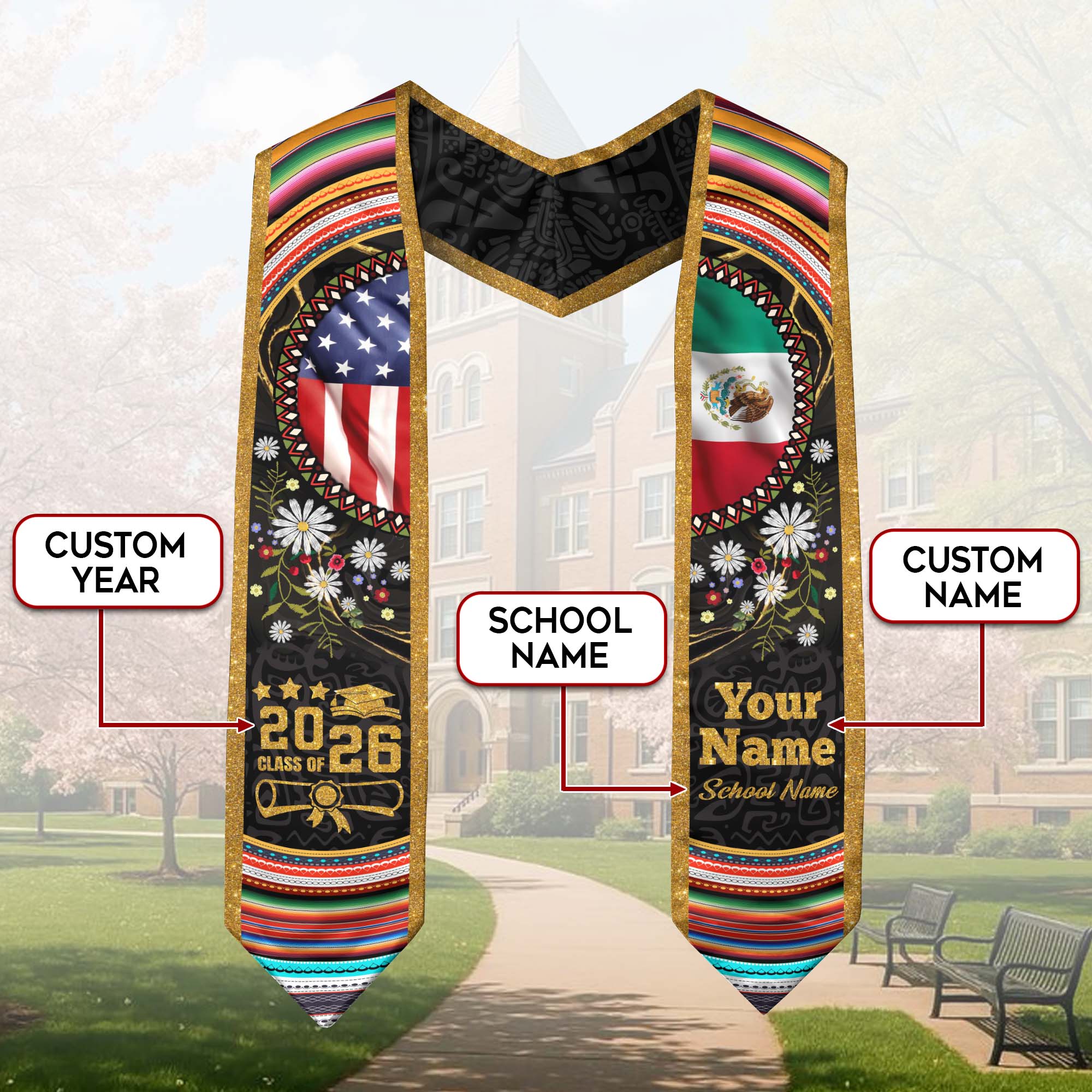 Customized Mexico Graduation Stole with Mexican Flag Heritage Pattern, Graduation Sash for the Class of 2026