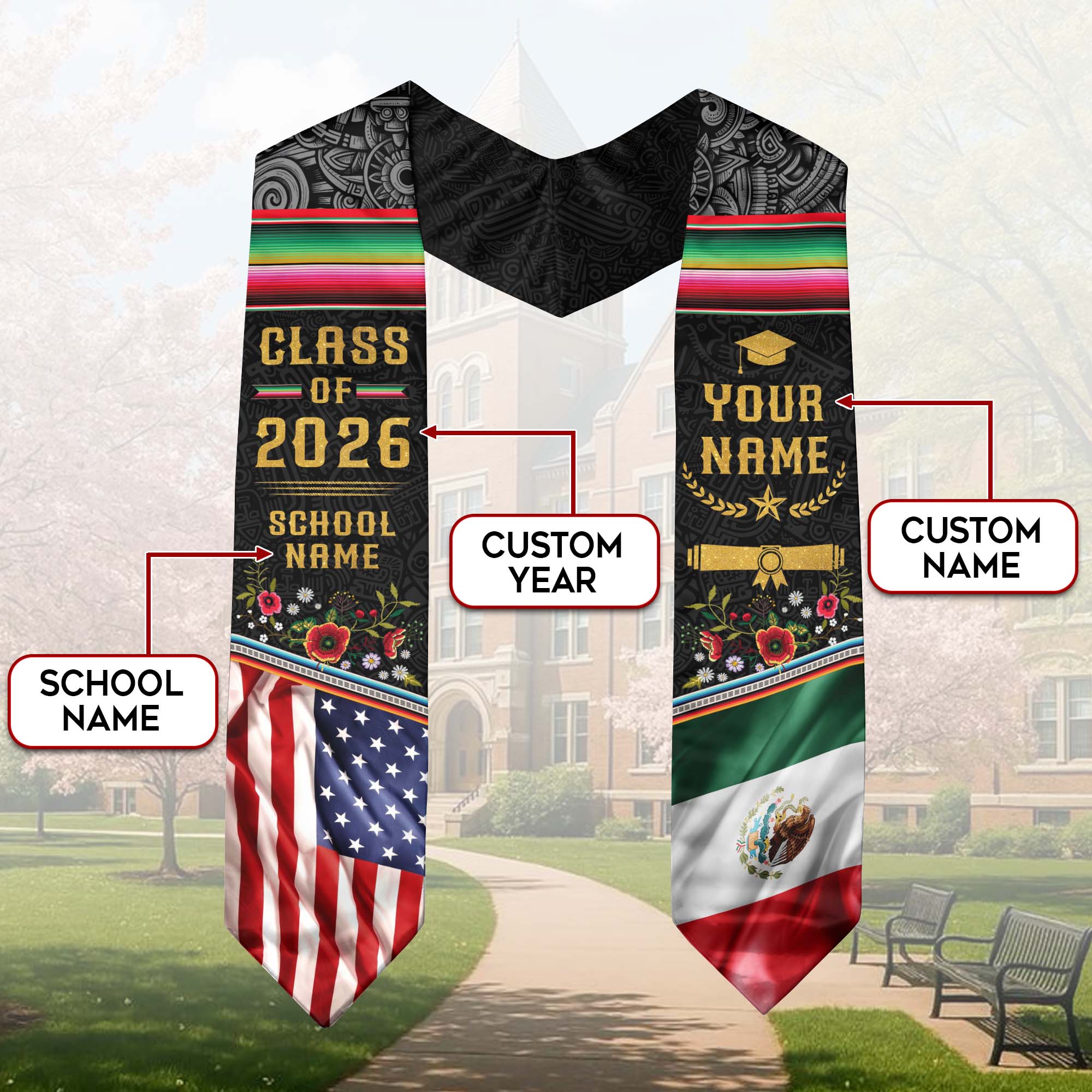 Customized Graduation Stole for Mexico Ceremonies, Mexican Flag Inspired Sash Celebrating Class of 2026