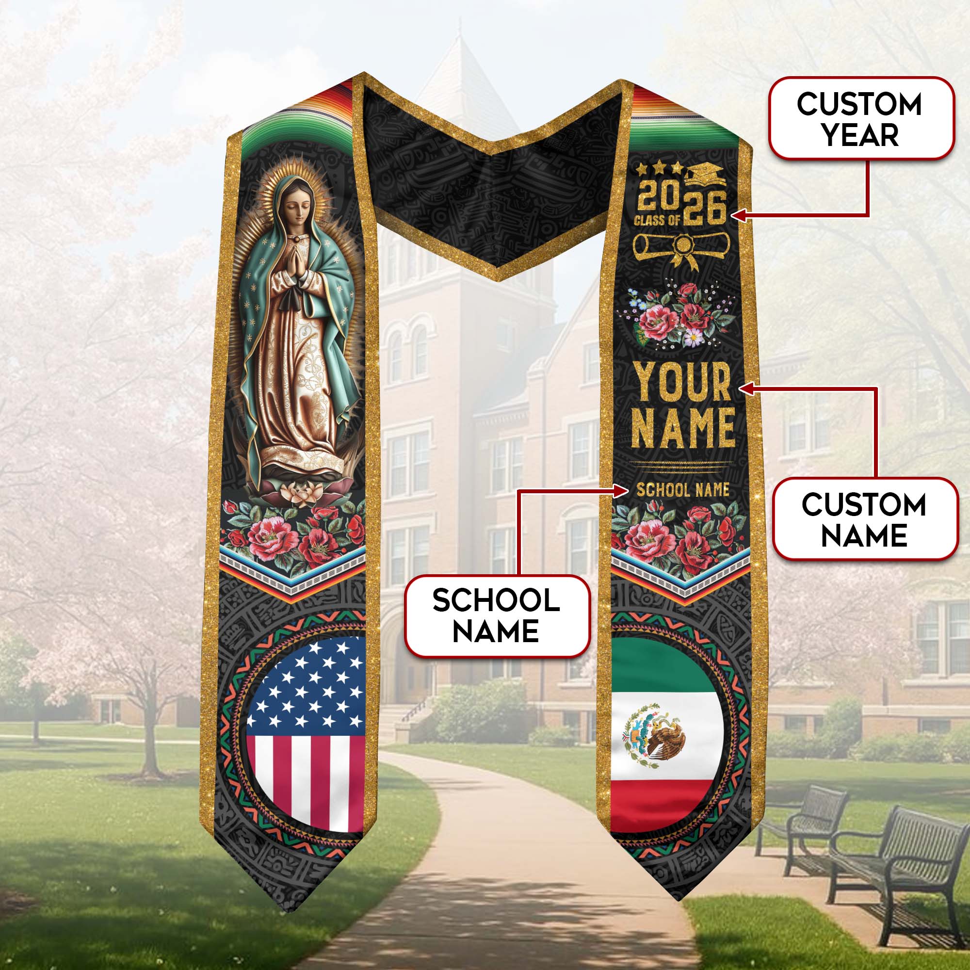 Customized Mexican Graduation Stole Showcasing National Flag Motif, Graduation Sash for Class of 2026