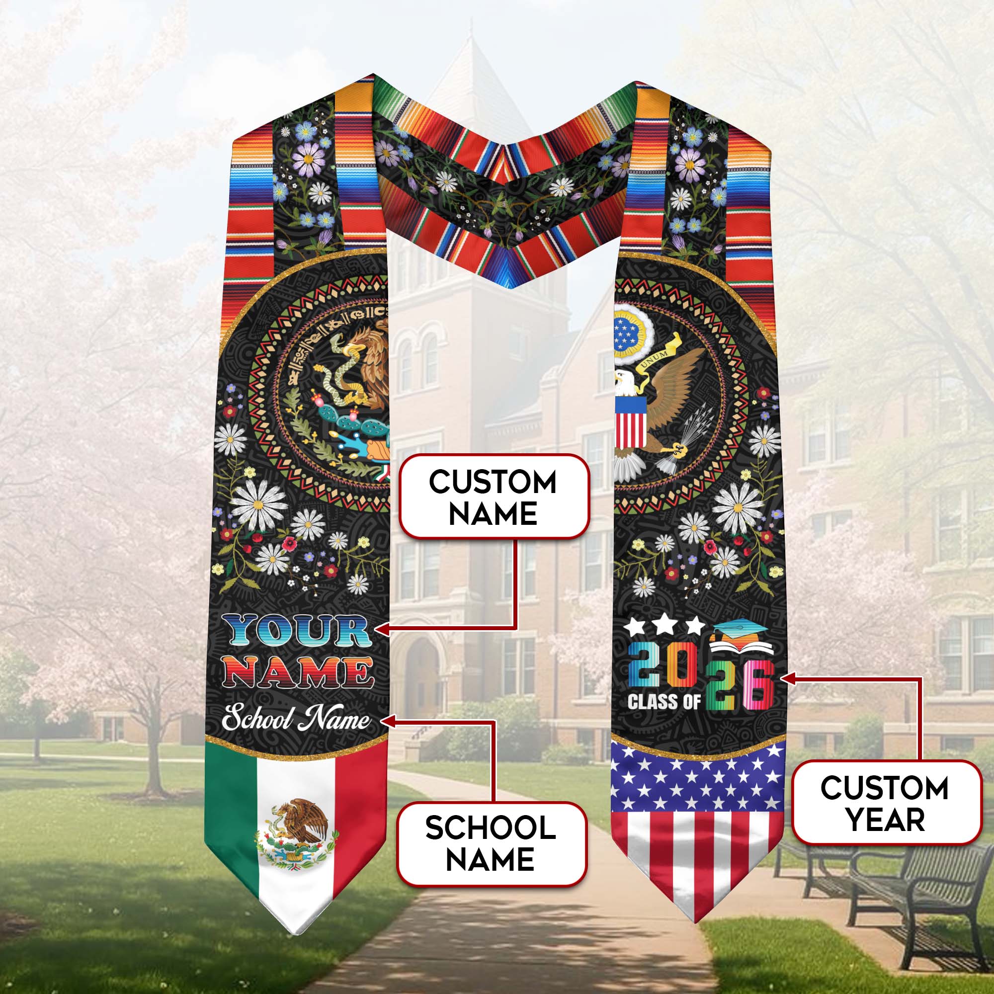 Customized Mexico Graduation Sash Featuring Traditional Flag Colors, Ceremony Stole for Class of 2026