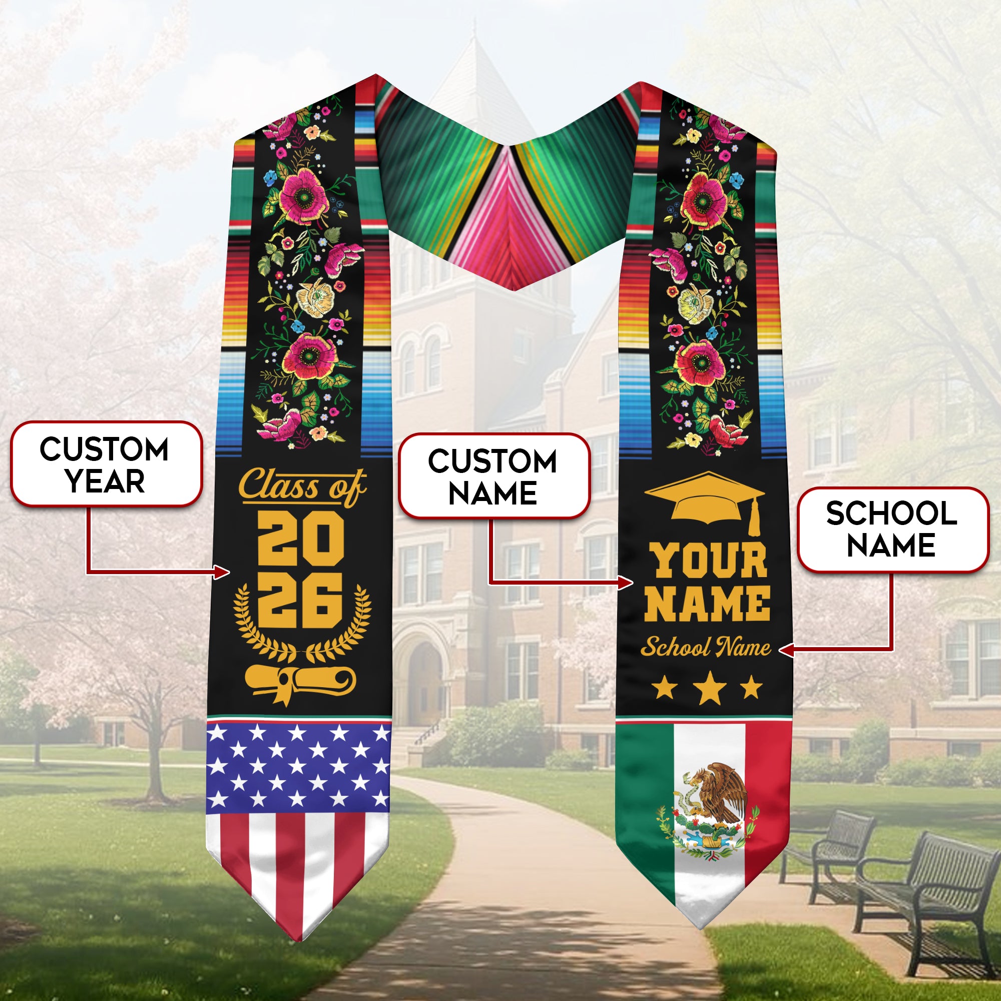 Mexico Flag Graduation Stole 2026, Mexican Graduation Sash, Optional Detail Add-On