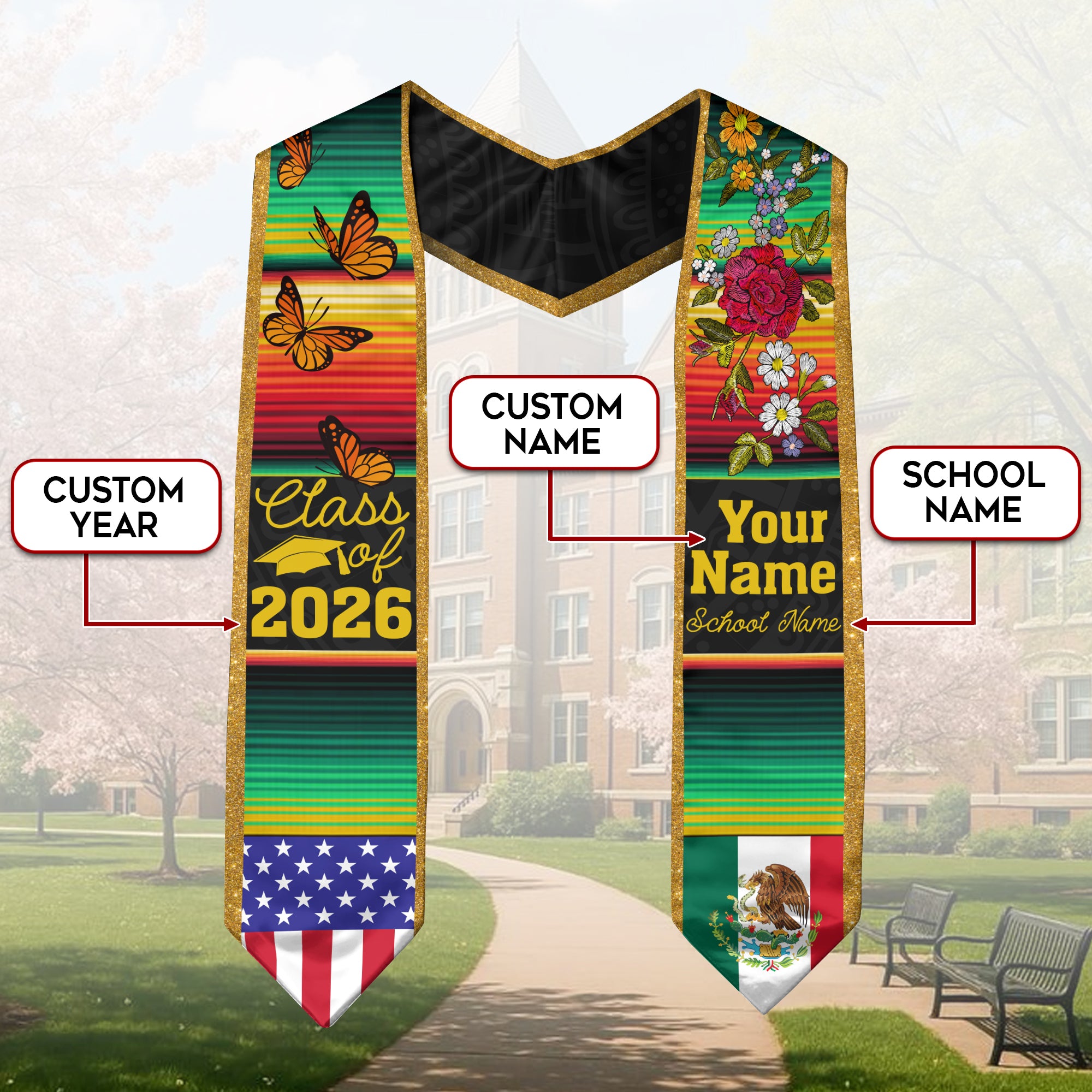 2026 Mexico Flag Stole for Grads, Mexican Graduation Sash, Personal Detail Option Included