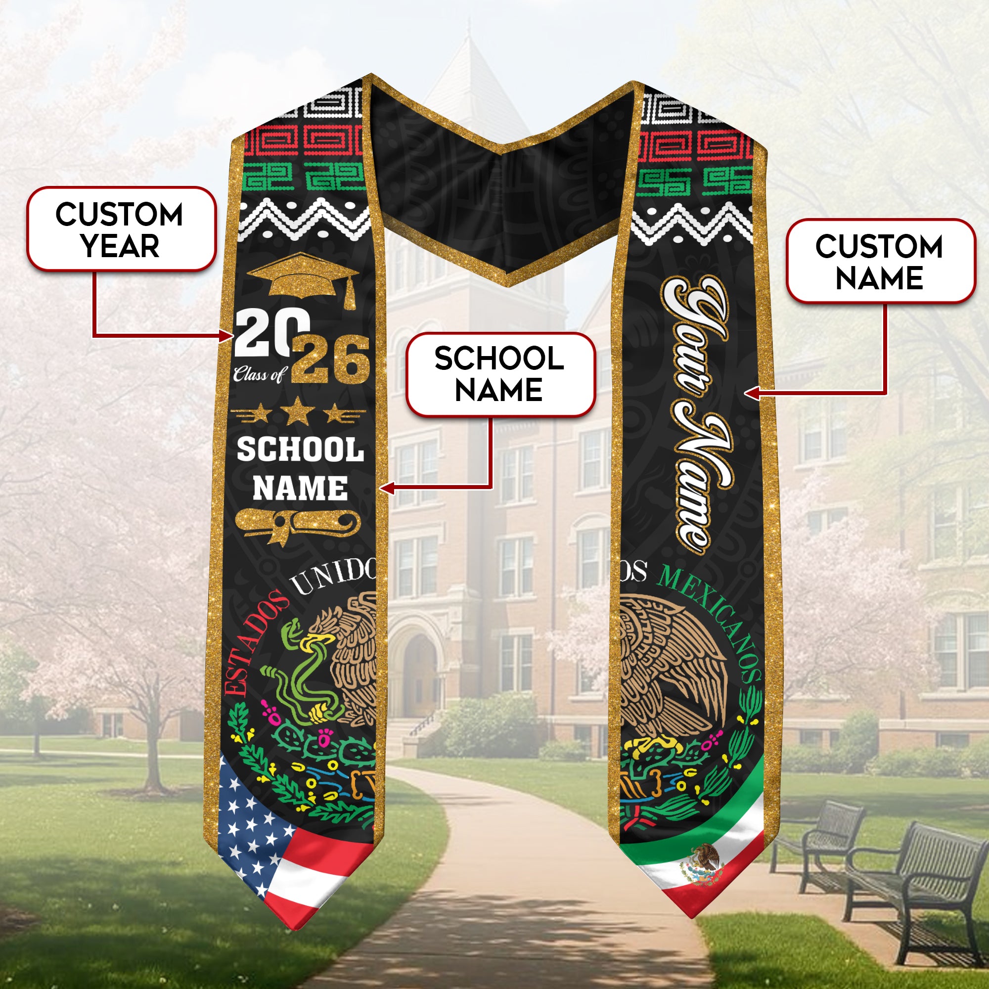 Mexican Graduation Stole 2026, Mexican Flag Sash, Personal Detail Option for Proud Families