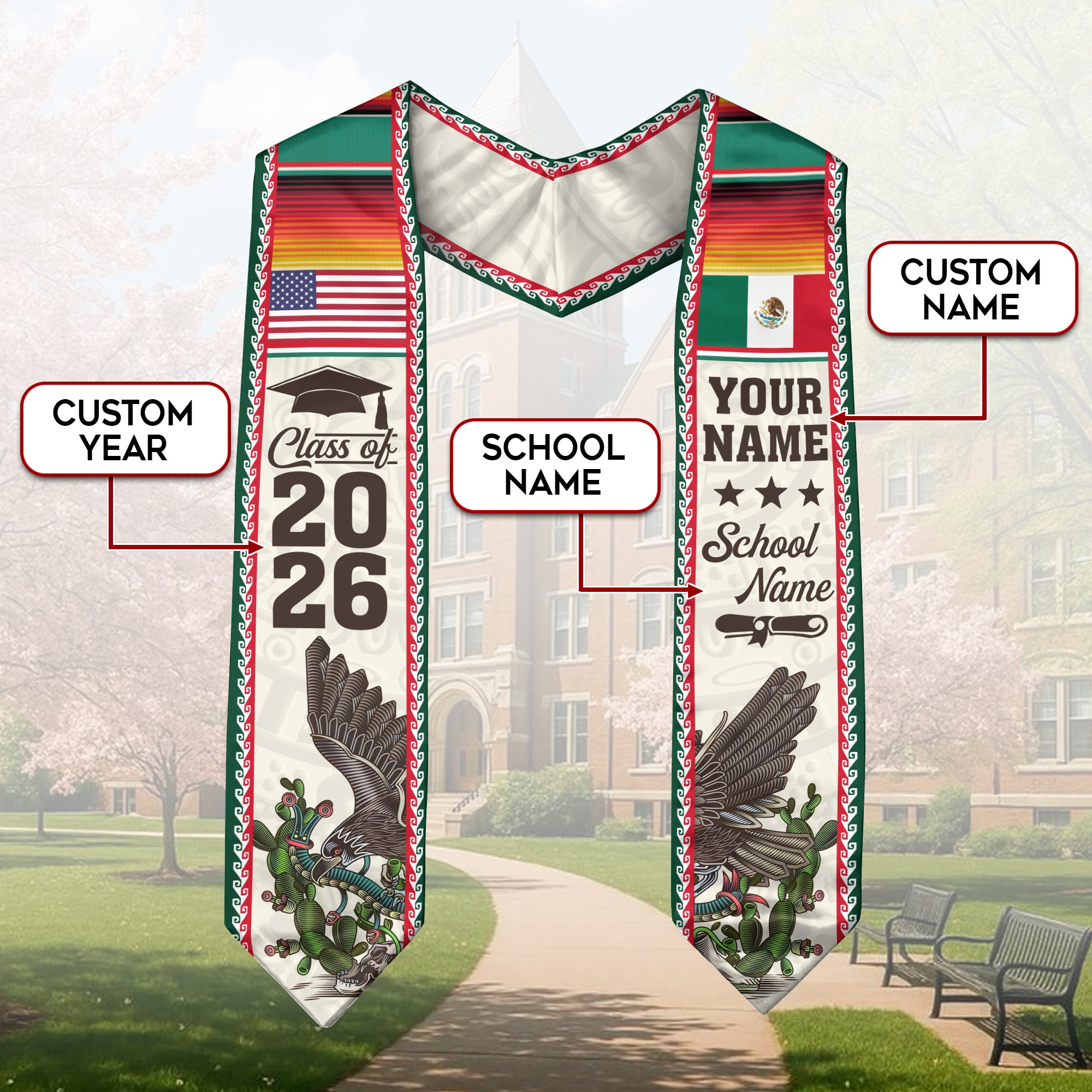 2026 Mexico Graduation Sash, Mexico Flag Stole for Graduation, Detail Option Available