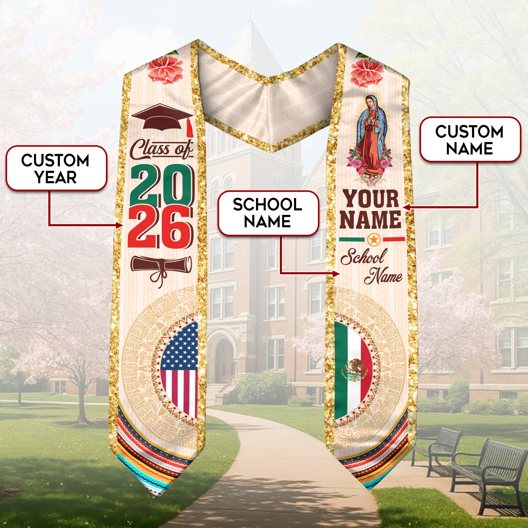 Mexico Flag Graduation Stole 2026, Mexico Sash for Ceremony, Personalized Detail Option
