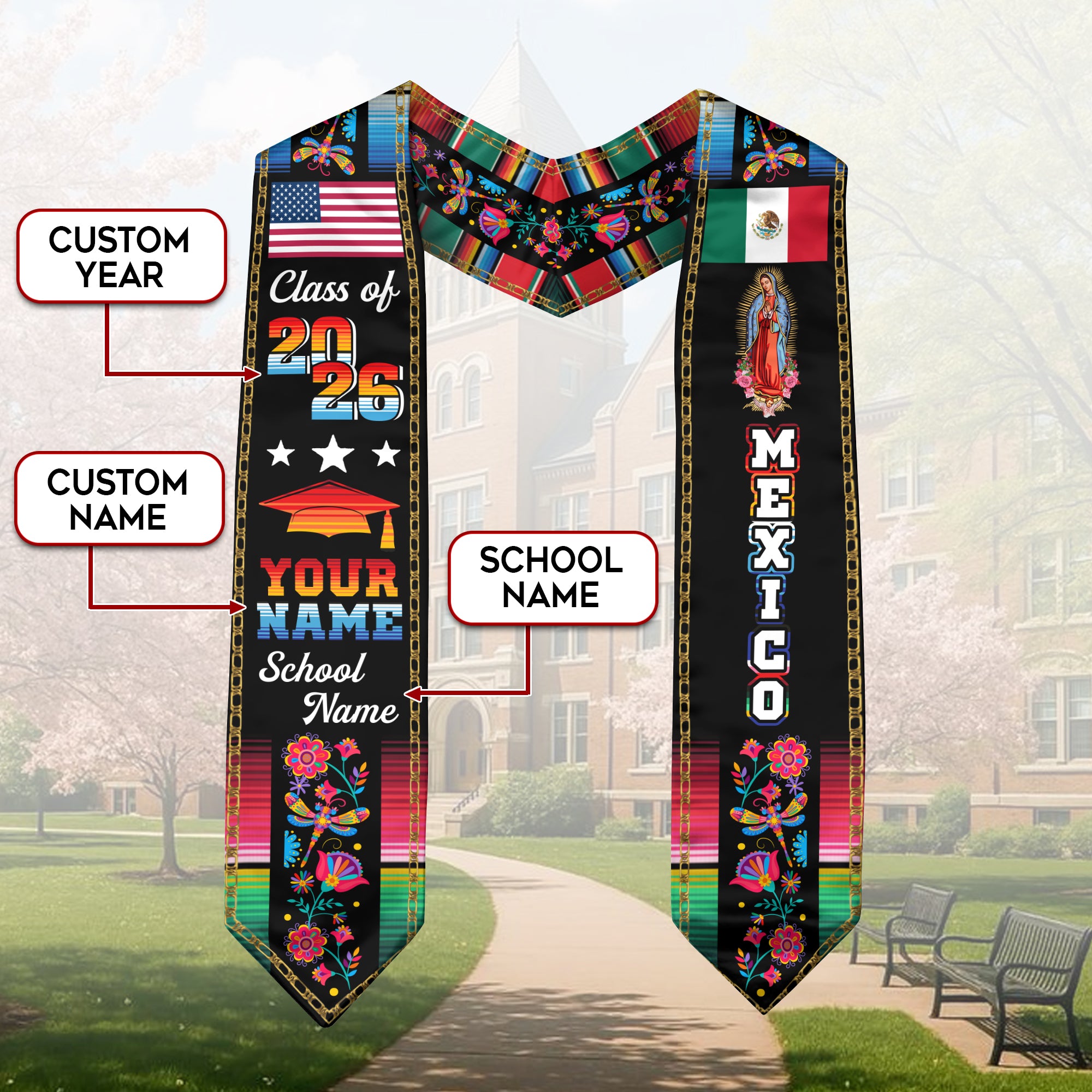 2026 Mexican Flag Graduation Sash, Mexico Graduation Stole, Add Details Option for Photos