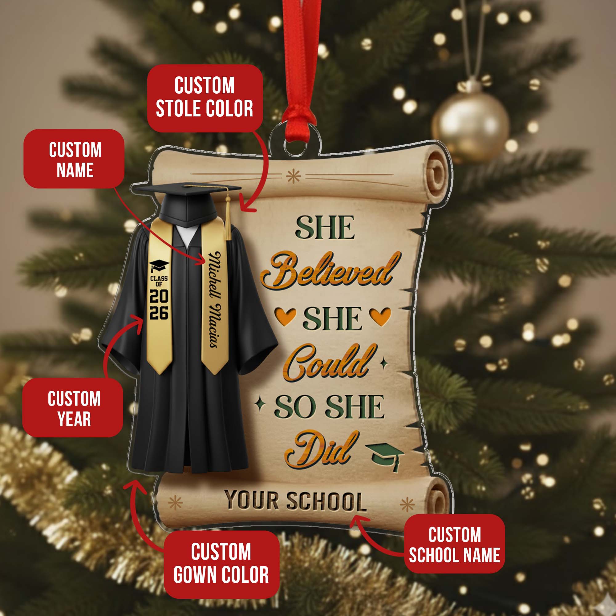 Personalized She Believed She Could So She Did Class Of 2026 Graduation Quote Ornament