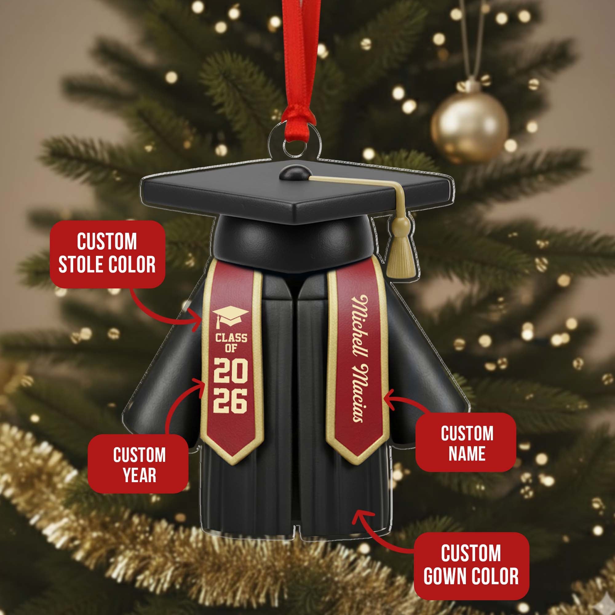 Personalized Class Of 2026 Custom Name Graduation Cap Gown Ornament