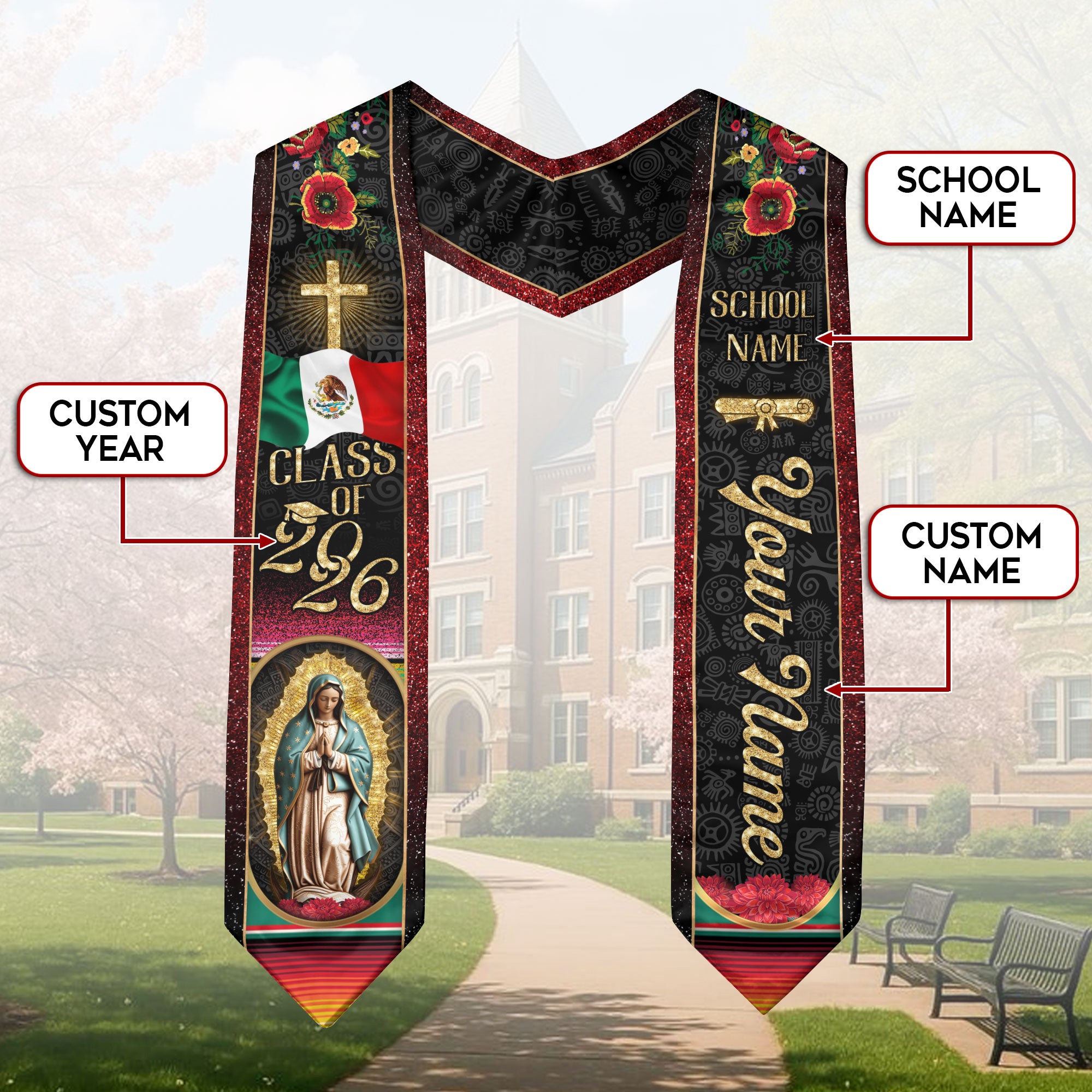 Mexico Graduation Stole 2026, Mexican Flag Sash, Personalized Detail Options, Graduation Stole