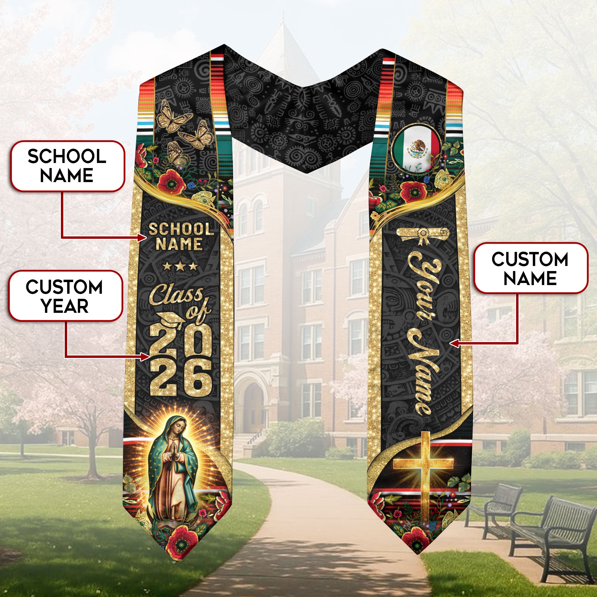 2026 Mexican Flag Graduation Sash, Mexico Stole, Personal Name & Year Detail Option