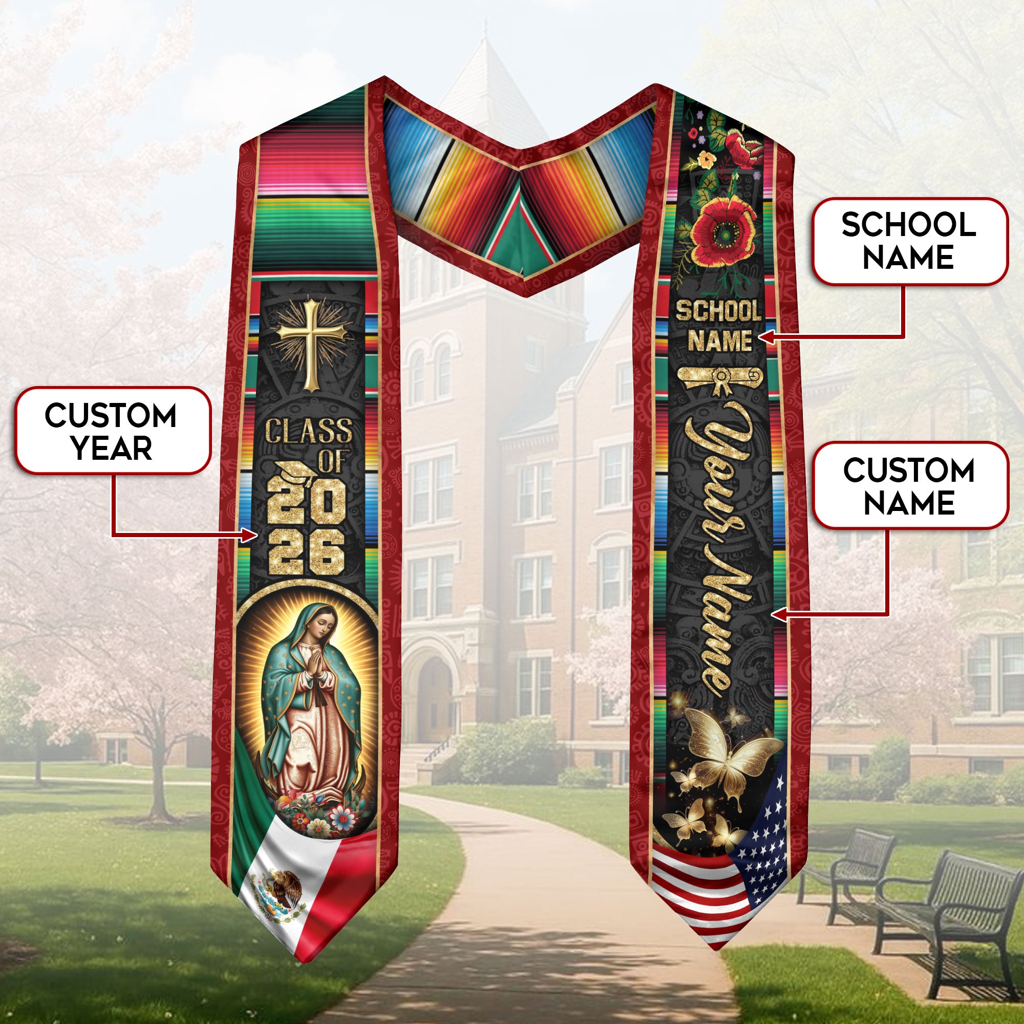 Mexican Graduation Sash 2026, Mexico Flag Stole, Add Name Detail for Ceremony Photos