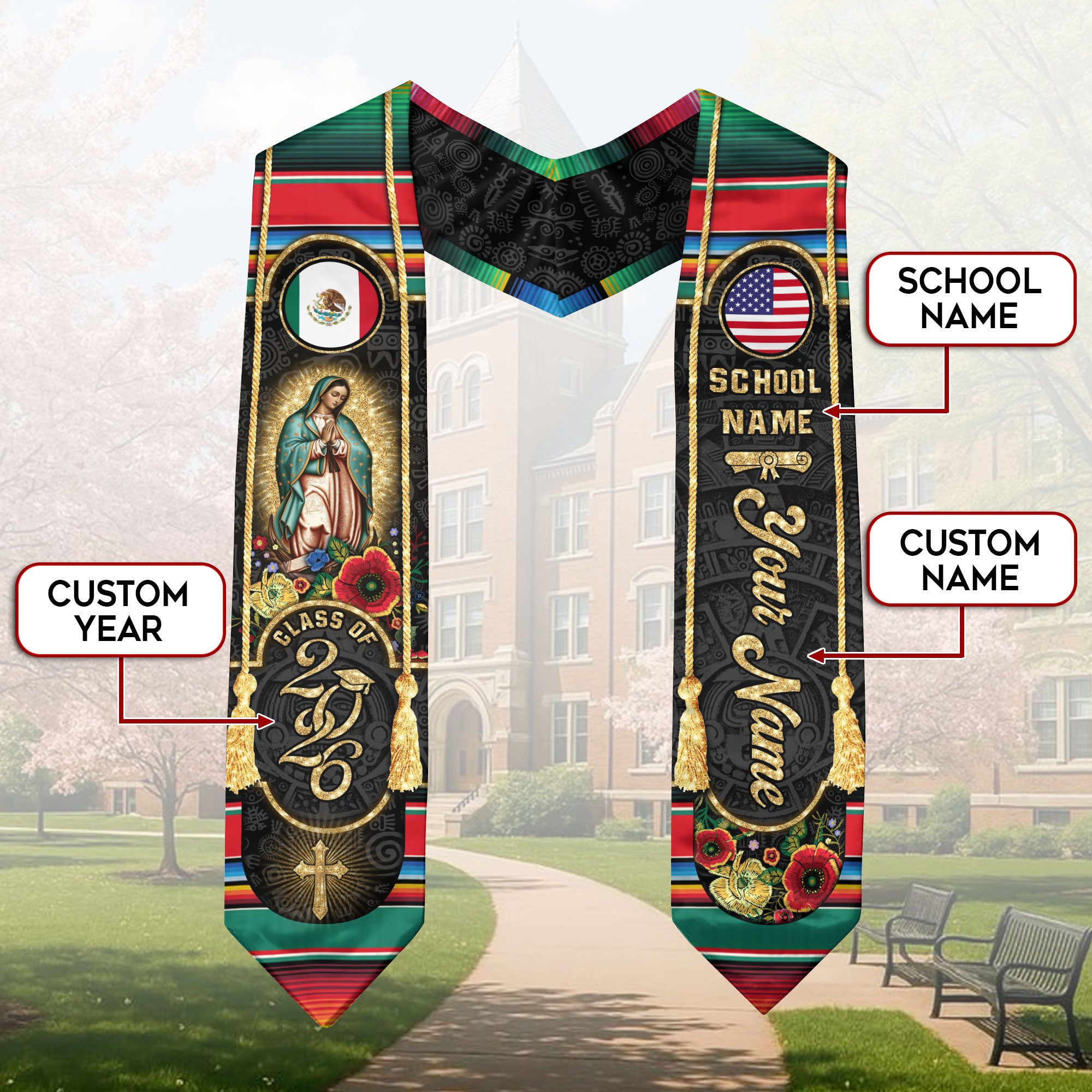 2026 Mexico Flag Graduation Stole, Mexican Sash, Name Detail Option for Class of 2026
