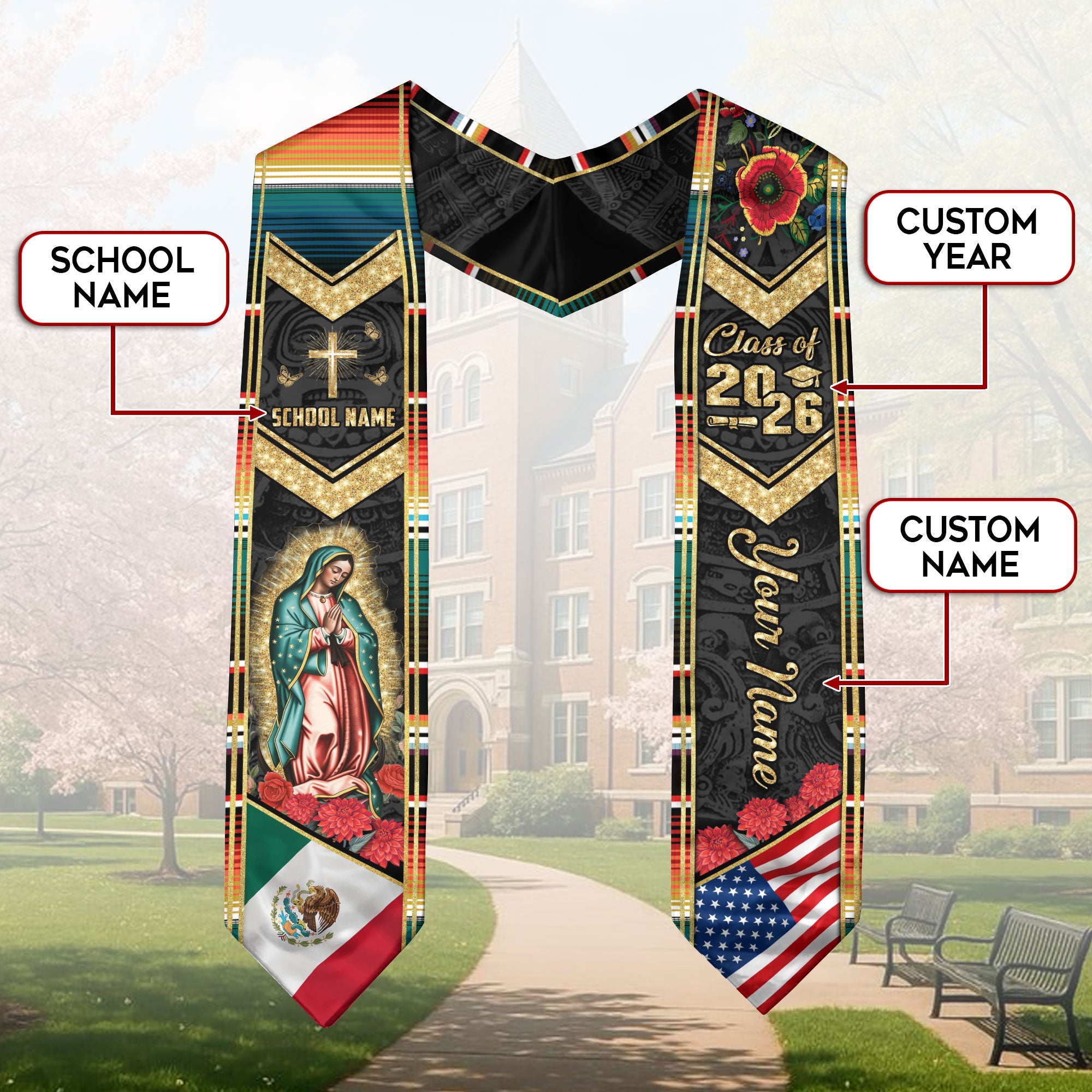 Mexico Flag Graduation Stole 2026, Mexican Graduation Sash, Add Your Name Detail Option