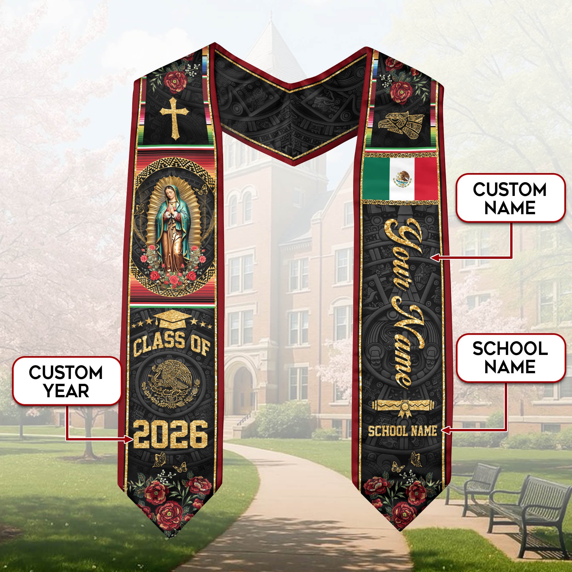 2026 Mexico Graduation Stole, Mexican Flag Graduation Sash, Personal Name Detail Available